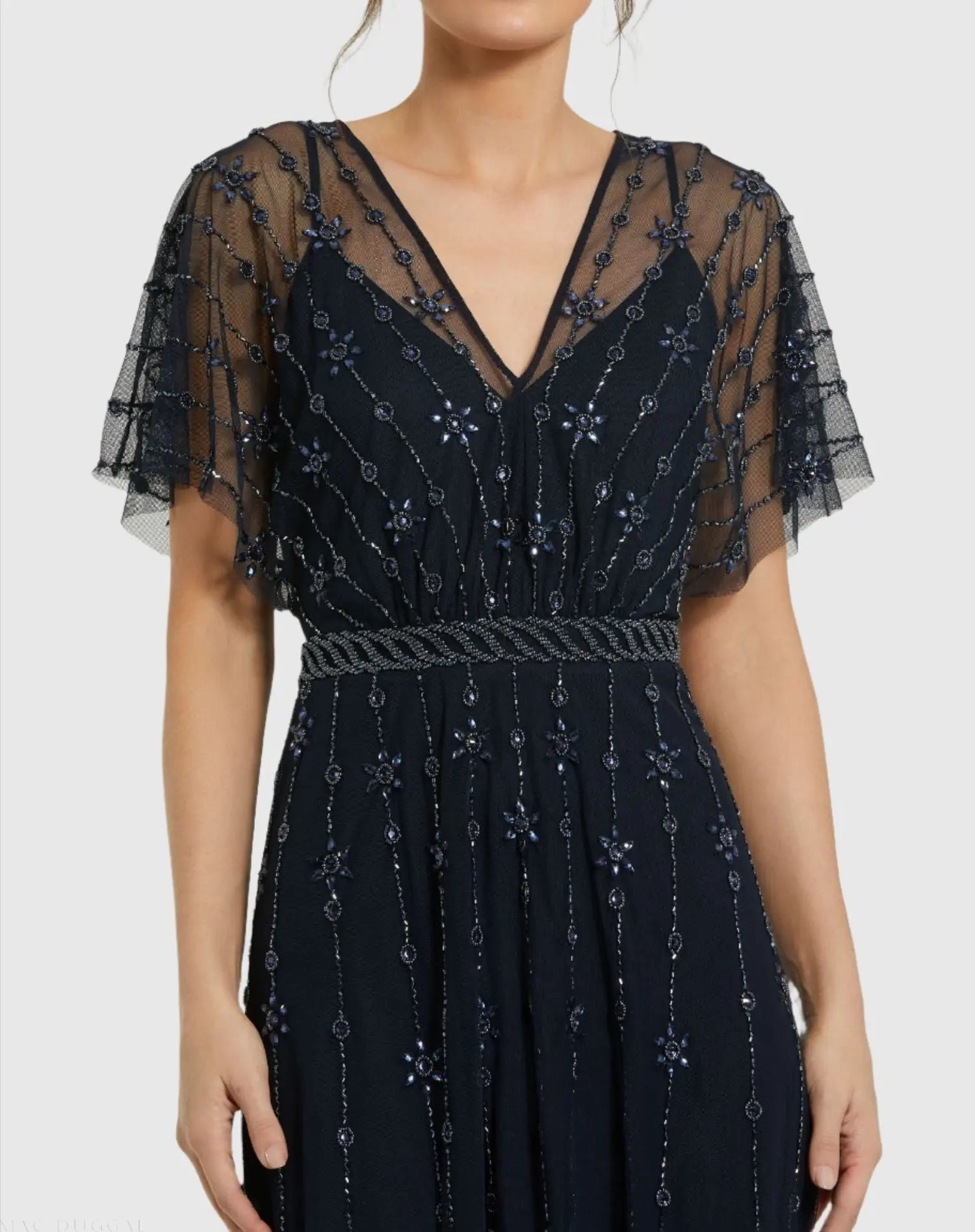 Navy V Neck Embellished Flutter Sleeve A Line Gown-Myartka