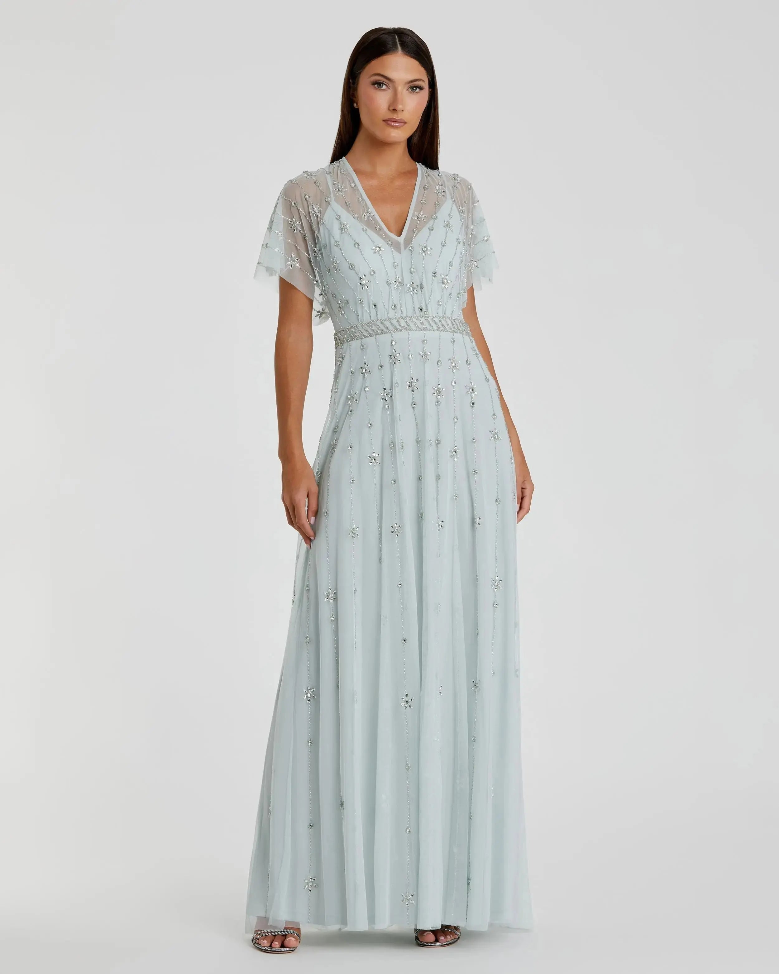 Blue V Neck Embellished Flutter Sleeve A Line Gown - FINAL SALE-Myartka