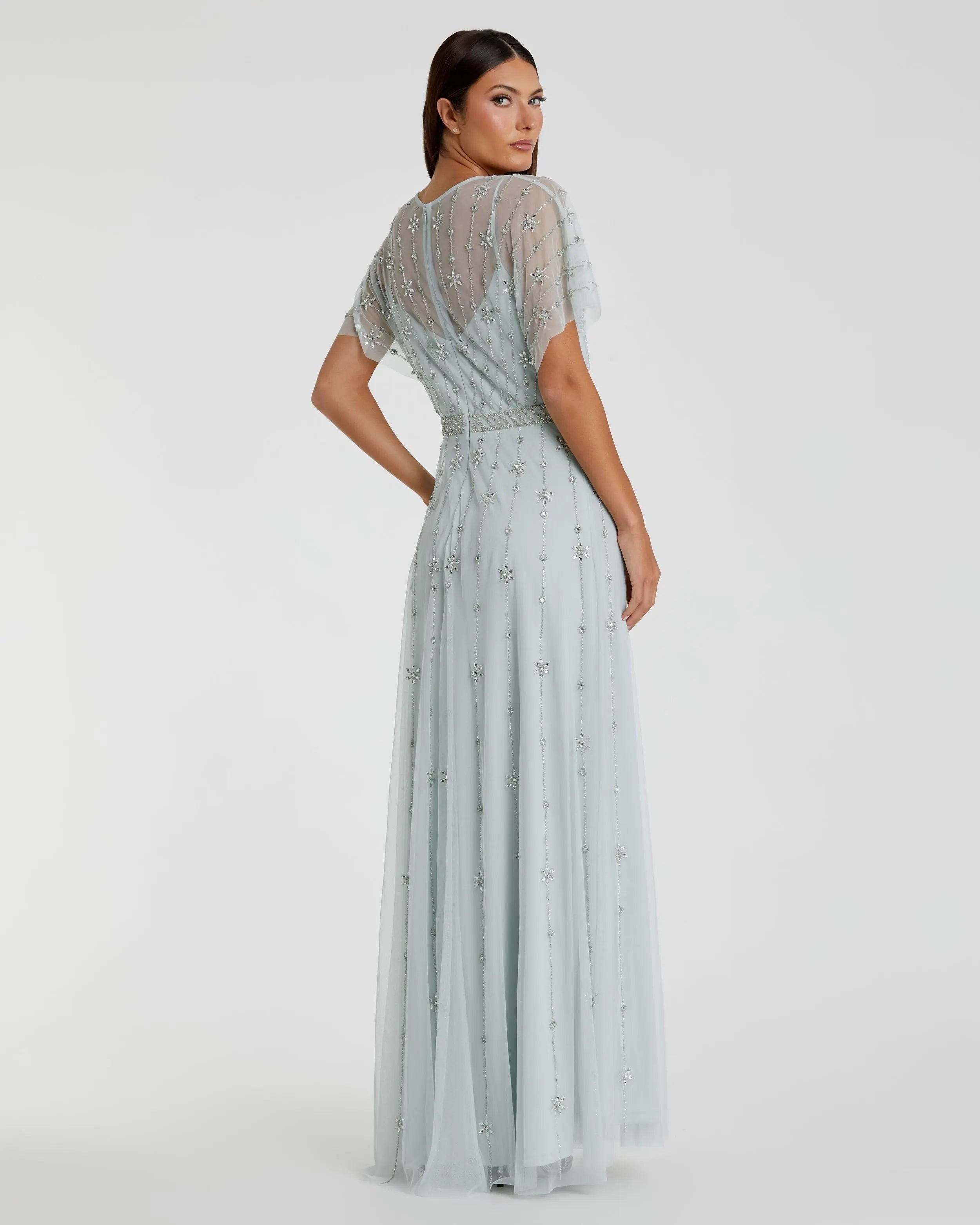 Blue V Neck Embellished Flutter Sleeve A Line Gown - FINAL SALE-Myartka