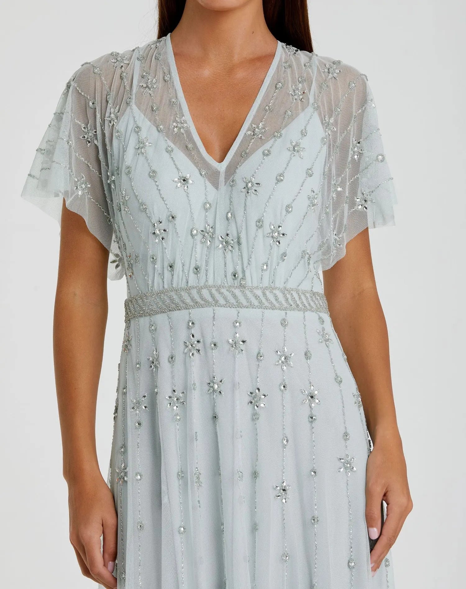 Blue V Neck Embellished Flutter Sleeve A Line Gown - FINAL SALE-Myartka