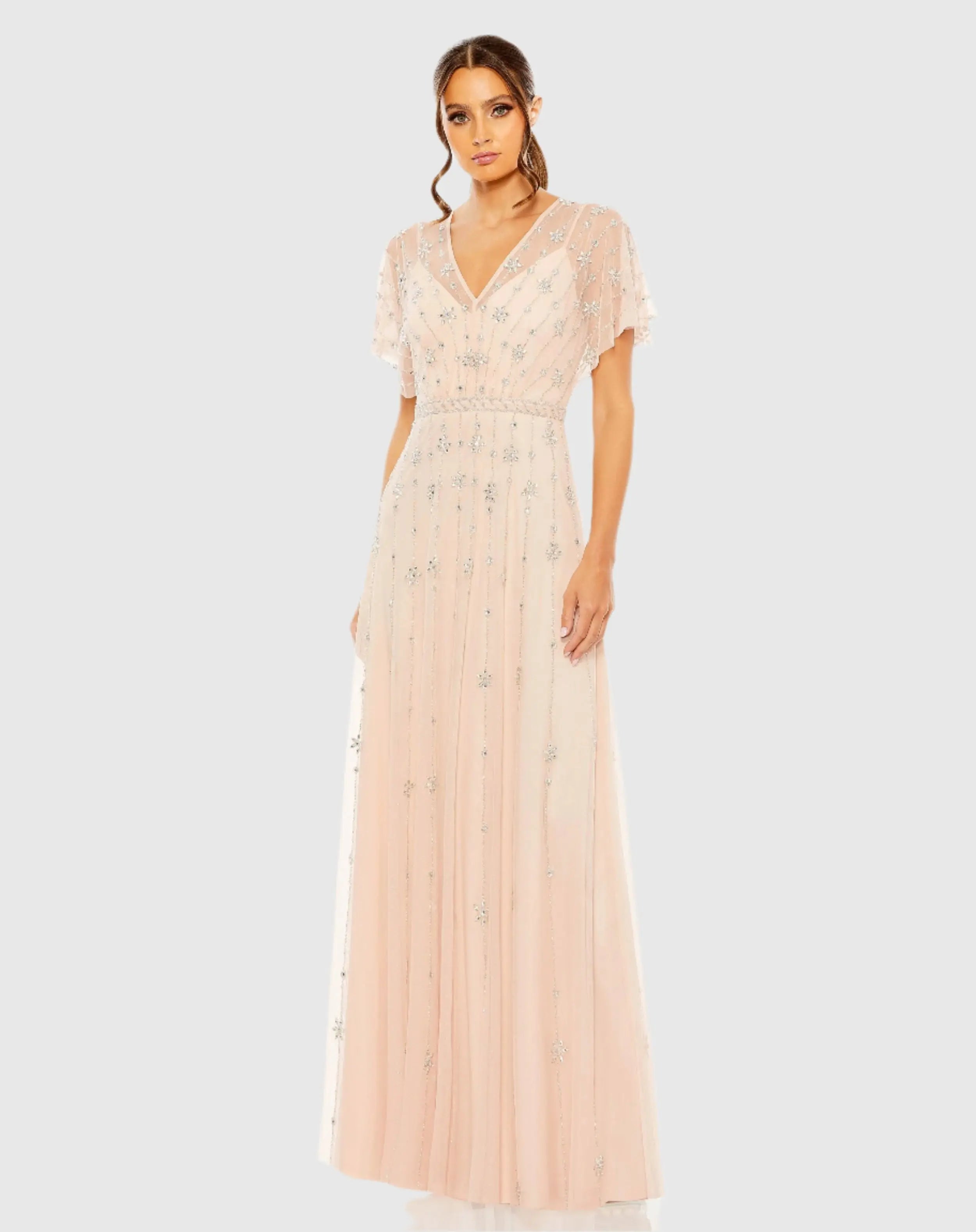 Pink V Neck Embellished Flutter Sleeve A Line Gown-Myartka