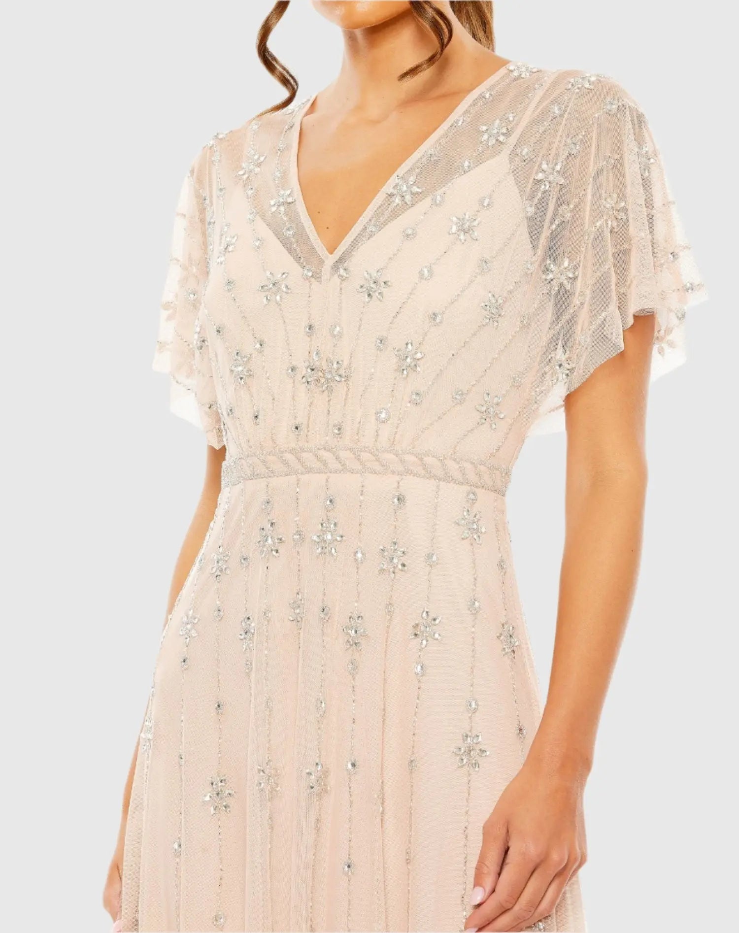 Pink V Neck Embellished Flutter Sleeve A Line Gown-Myartka