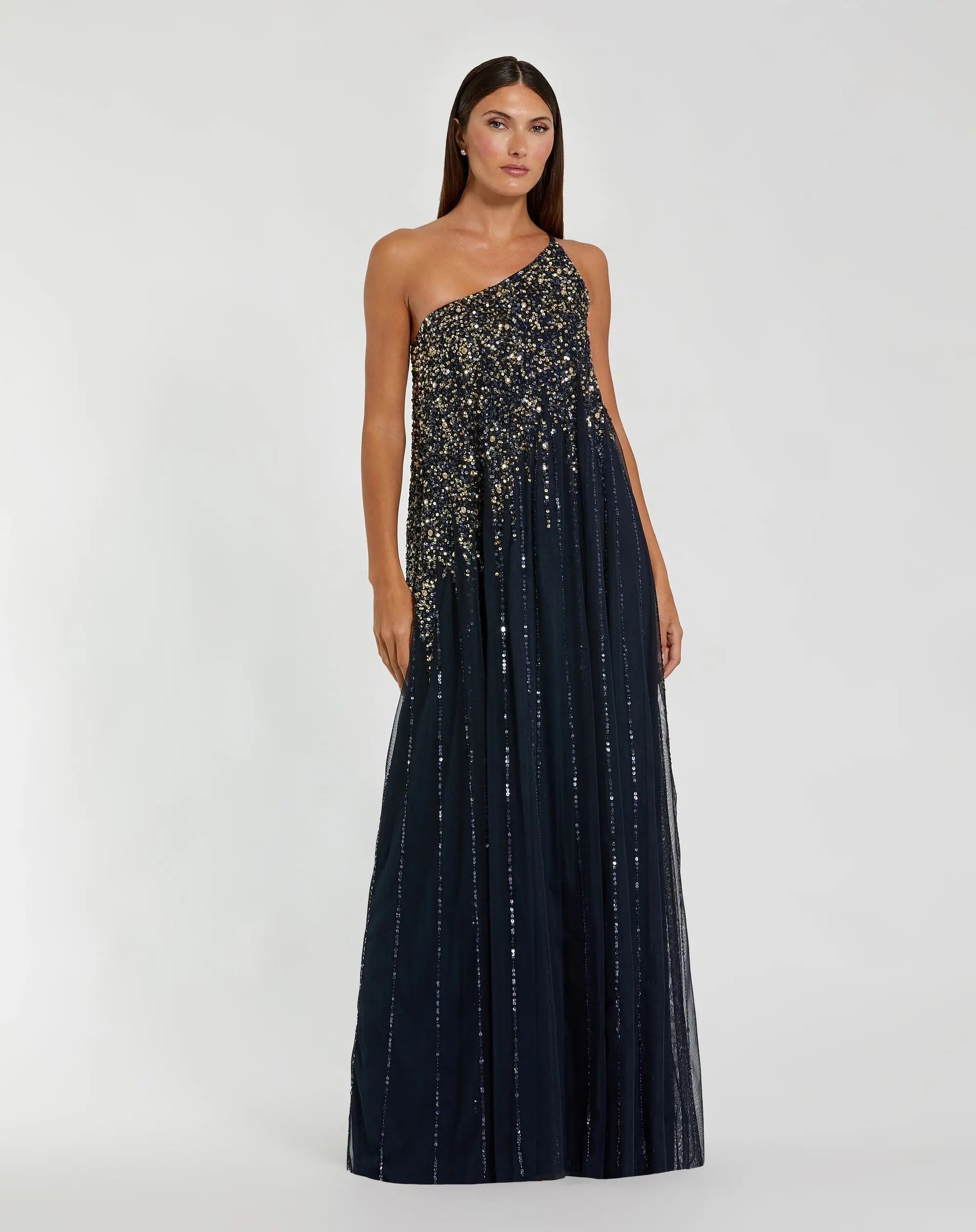 Navy One Shoulder Embellished Trapeze Gown-Myartka