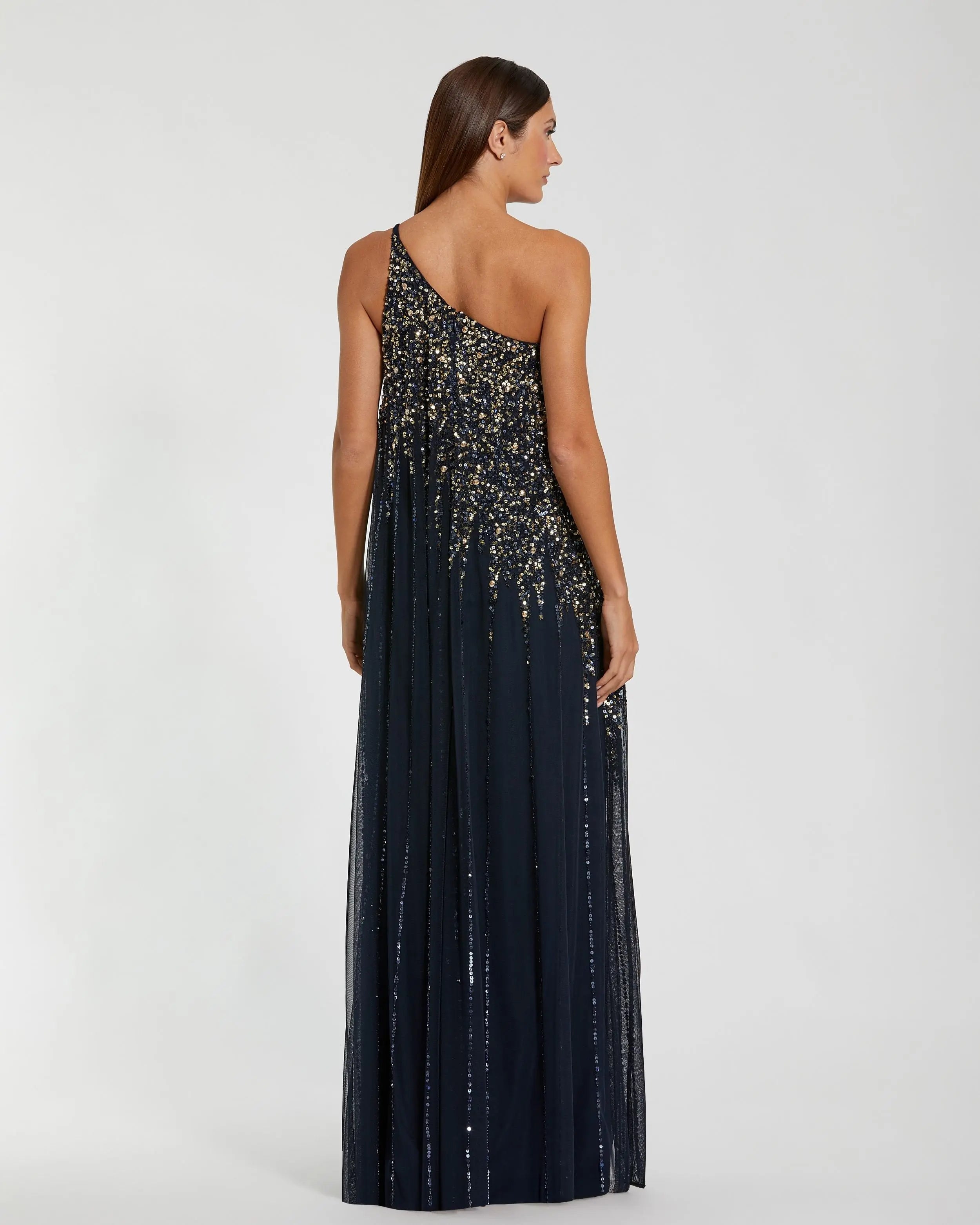 Navy One Shoulder Embellished Trapeze Gown-Myartka