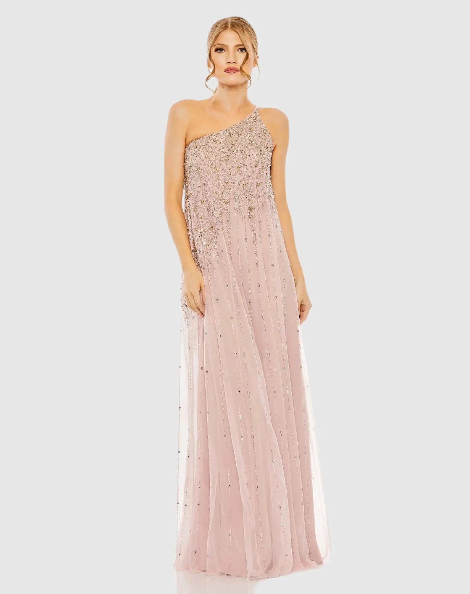 Pink One Shoulder Embellished Evening Gown-Myartka