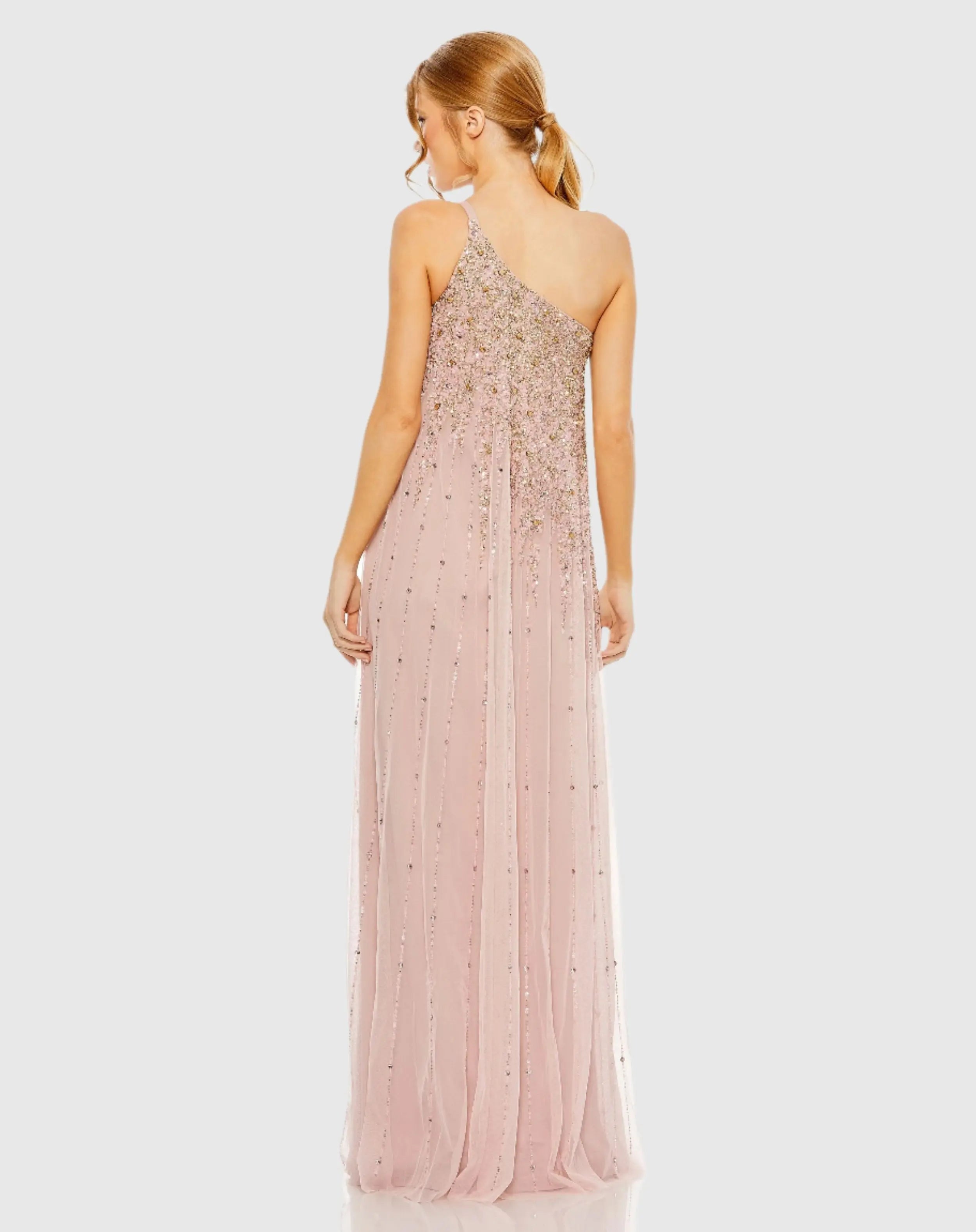 Pink One Shoulder Embellished Evening Gown-Myartka