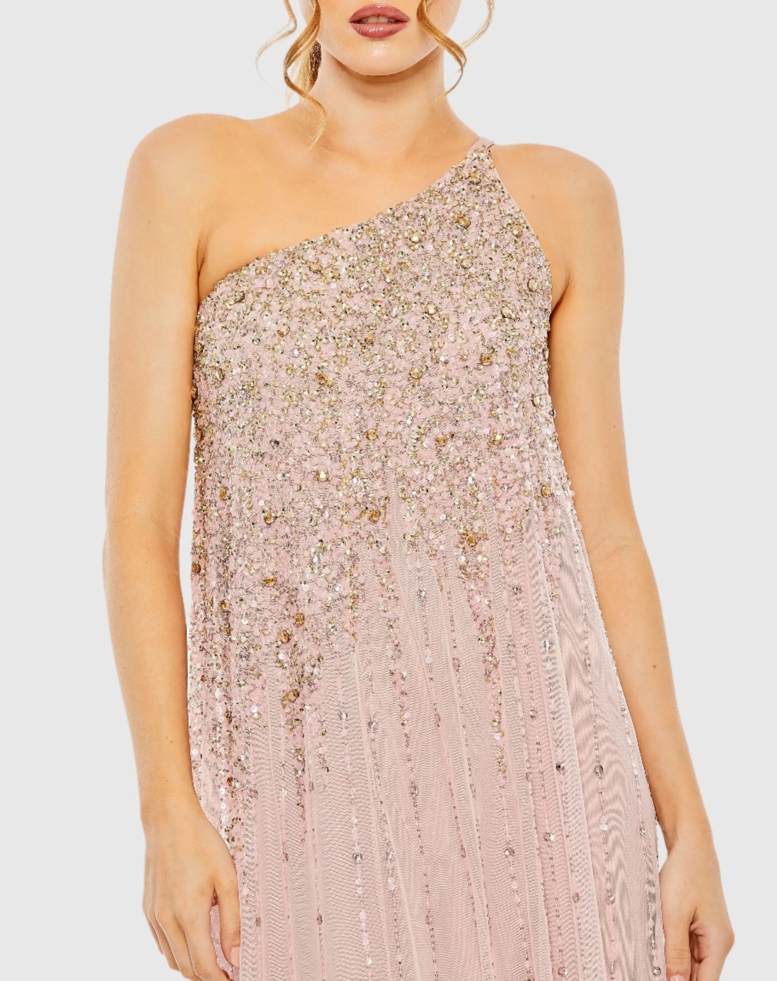Pink One Shoulder Embellished Evening Gown-Myartka
