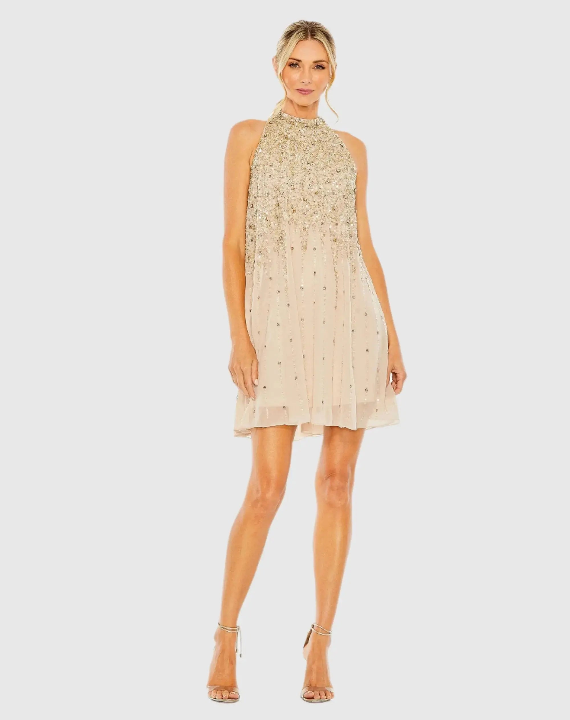 Beige High Neck Sleeveless Sequin Embellished Trapeze Dress-Myartka