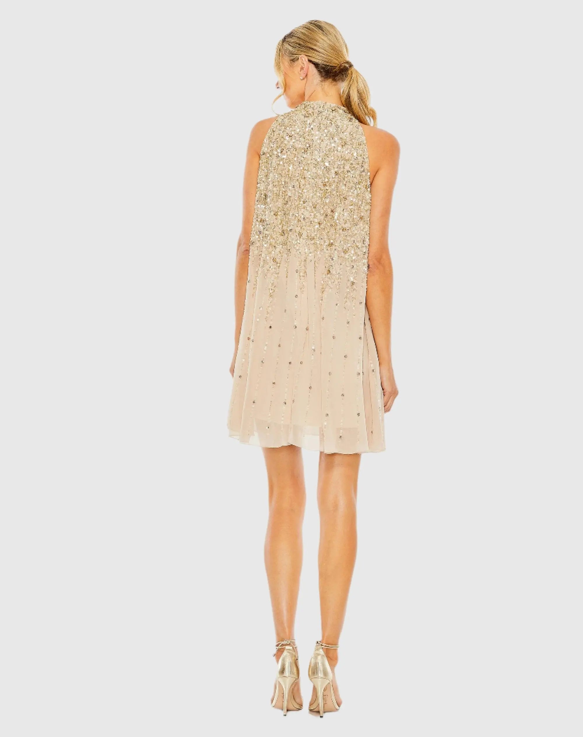 Beige High Neck Sleeveless Sequin Embellished Trapeze Dress-Myartka