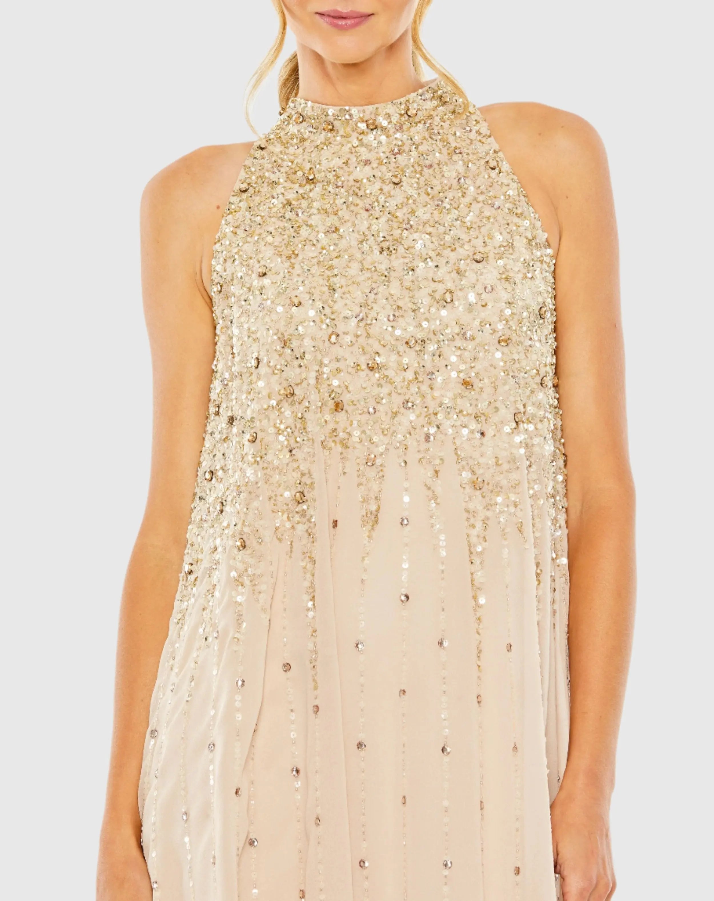 Beige High Neck Sleeveless Sequin Embellished Trapeze Dress-Myartka