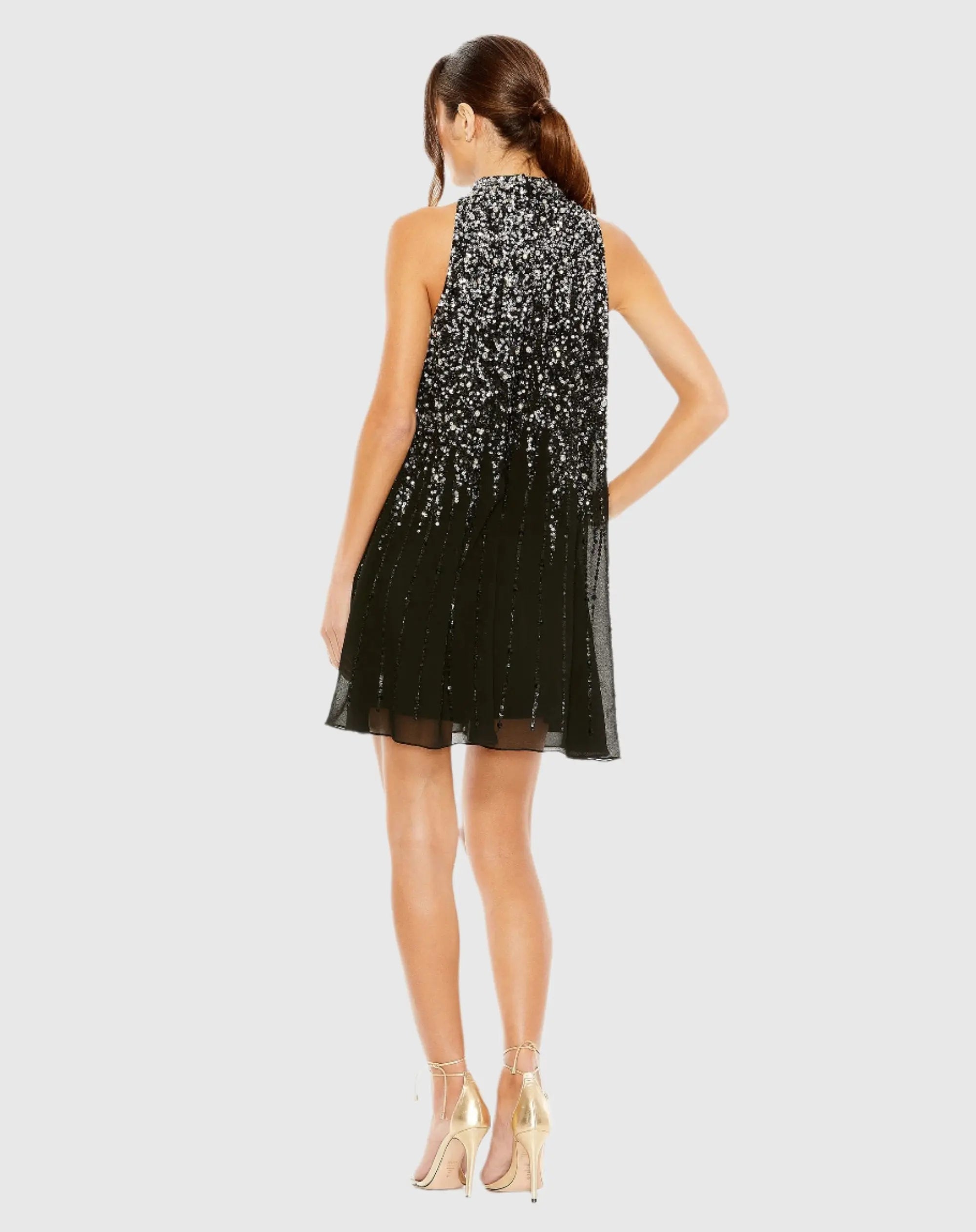 Black High Neck Sleeveless Sequin Embellished Trapeze Dress-Myartka