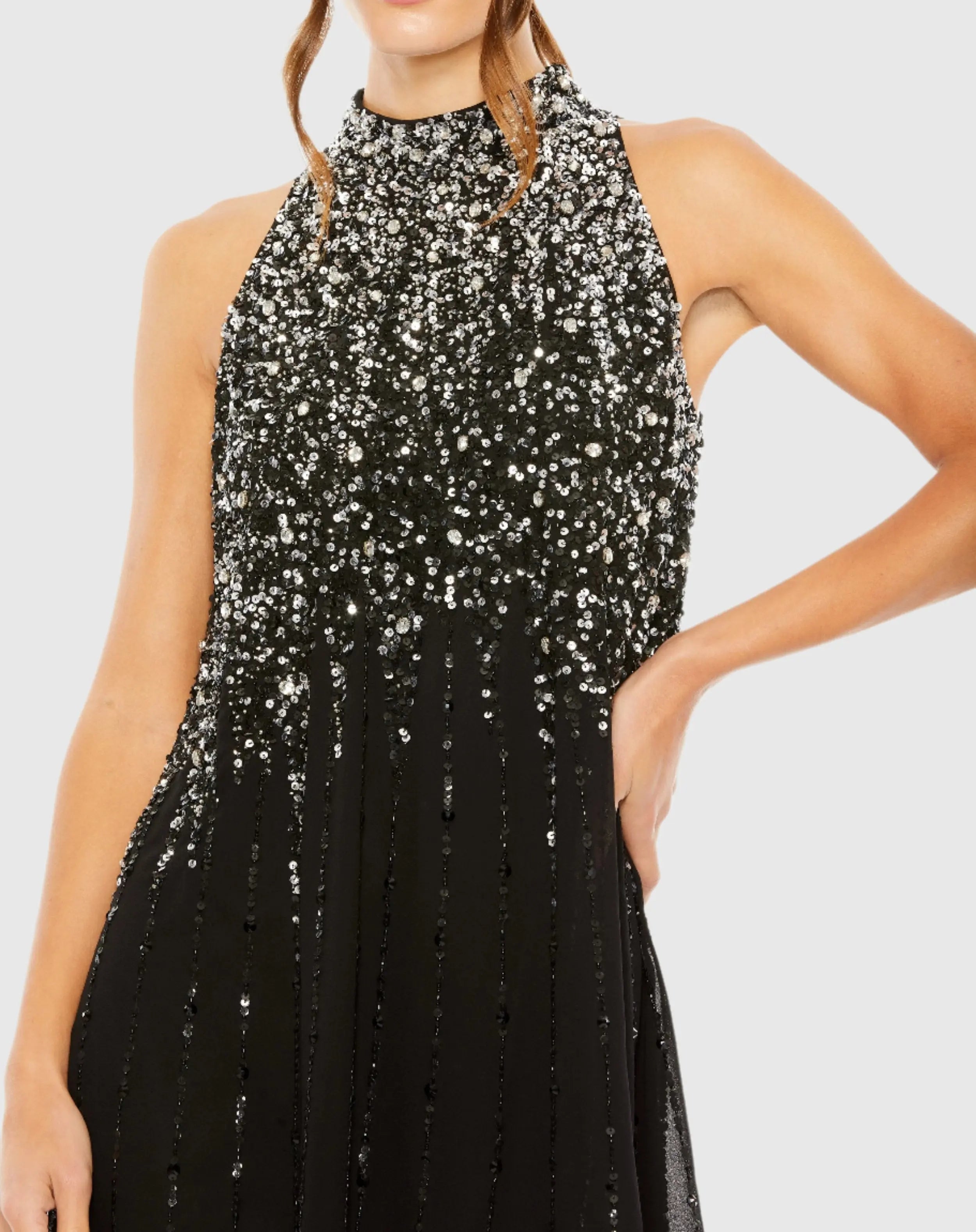 Black High Neck Sleeveless Sequin Embellished Trapeze Dress-Myartka