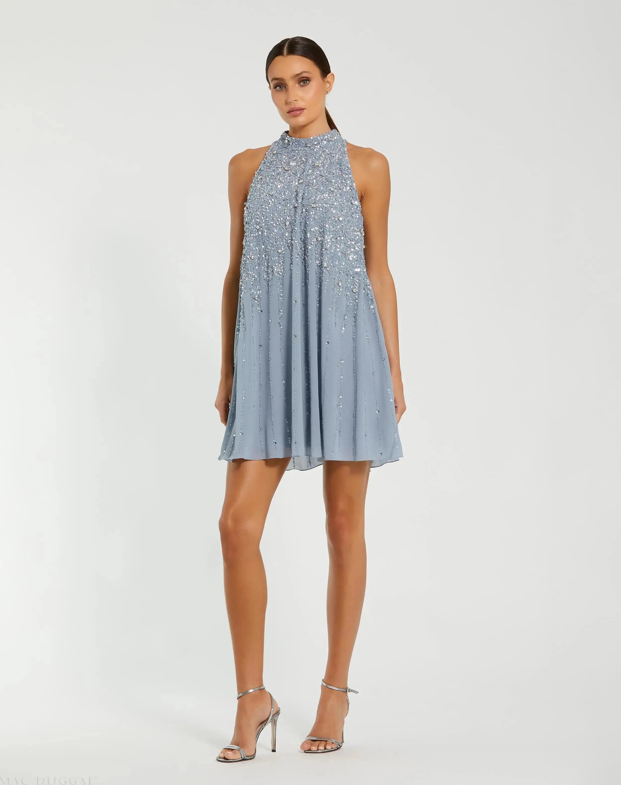 Blue High Neck Sleeveless Sequin Embellished Trapeze Dress-Myartka