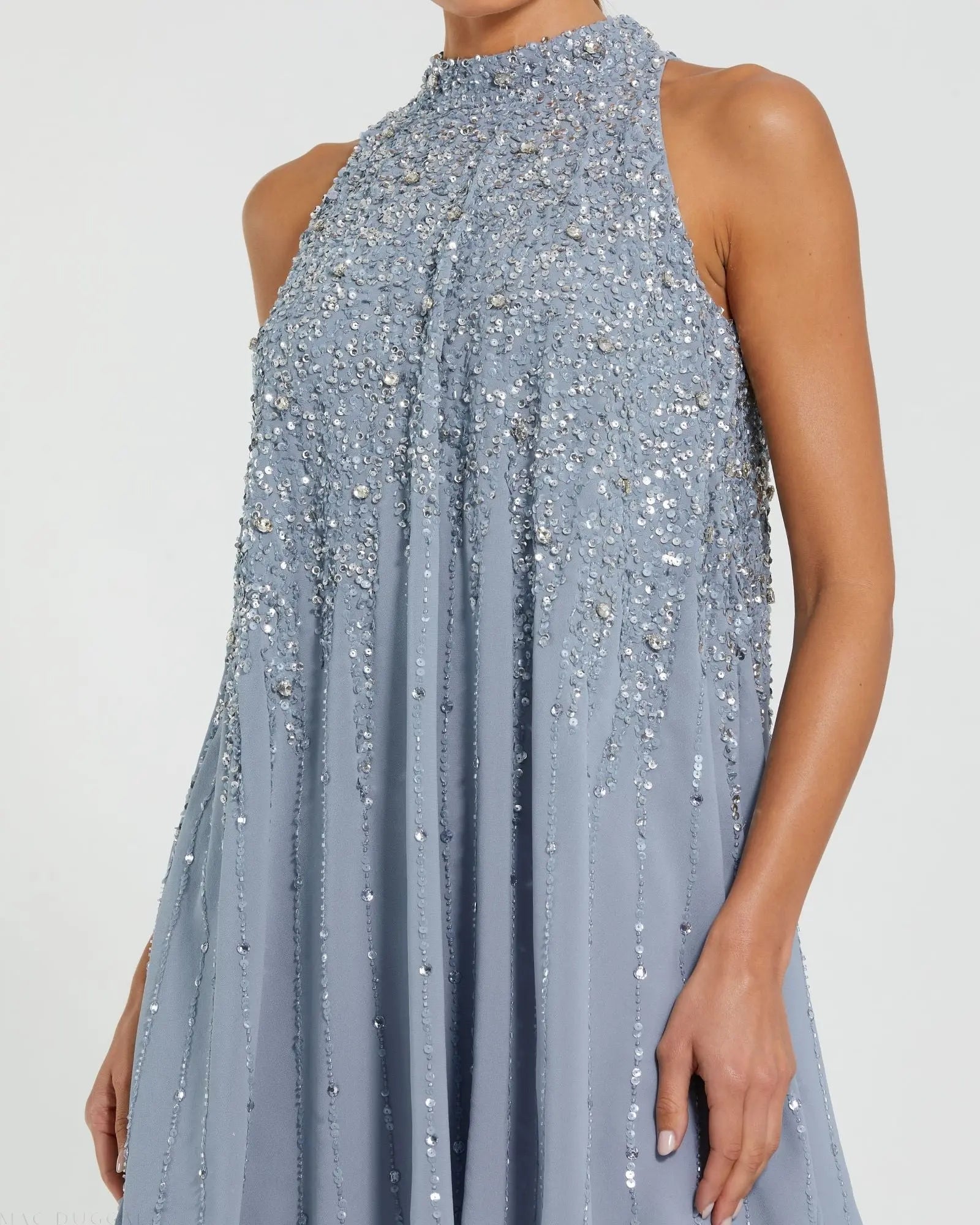 Blue High Neck Sleeveless Sequin Embellished Trapeze Dress-Myartka