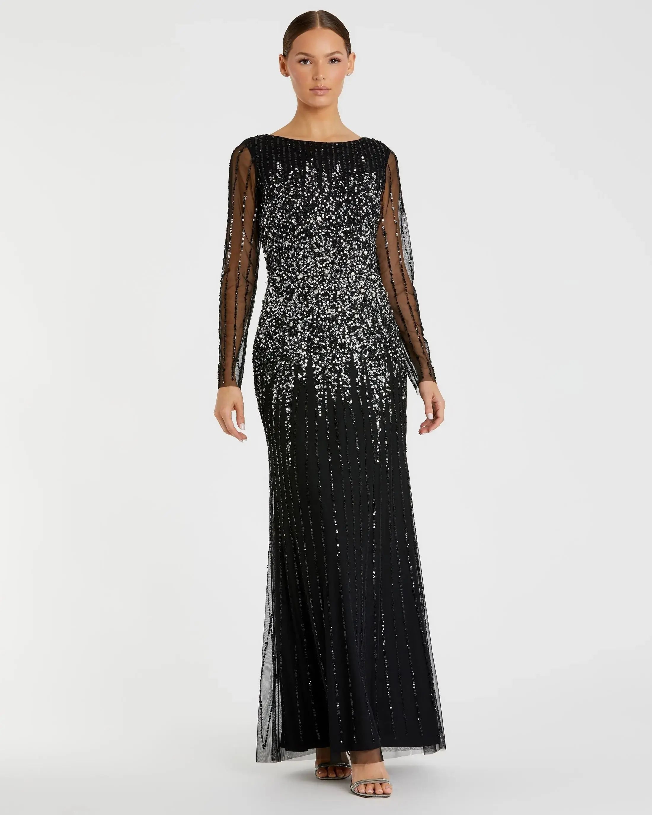 Black Boat Neck Sequin Embellished Long Sleeve A Line Gown-Myartka