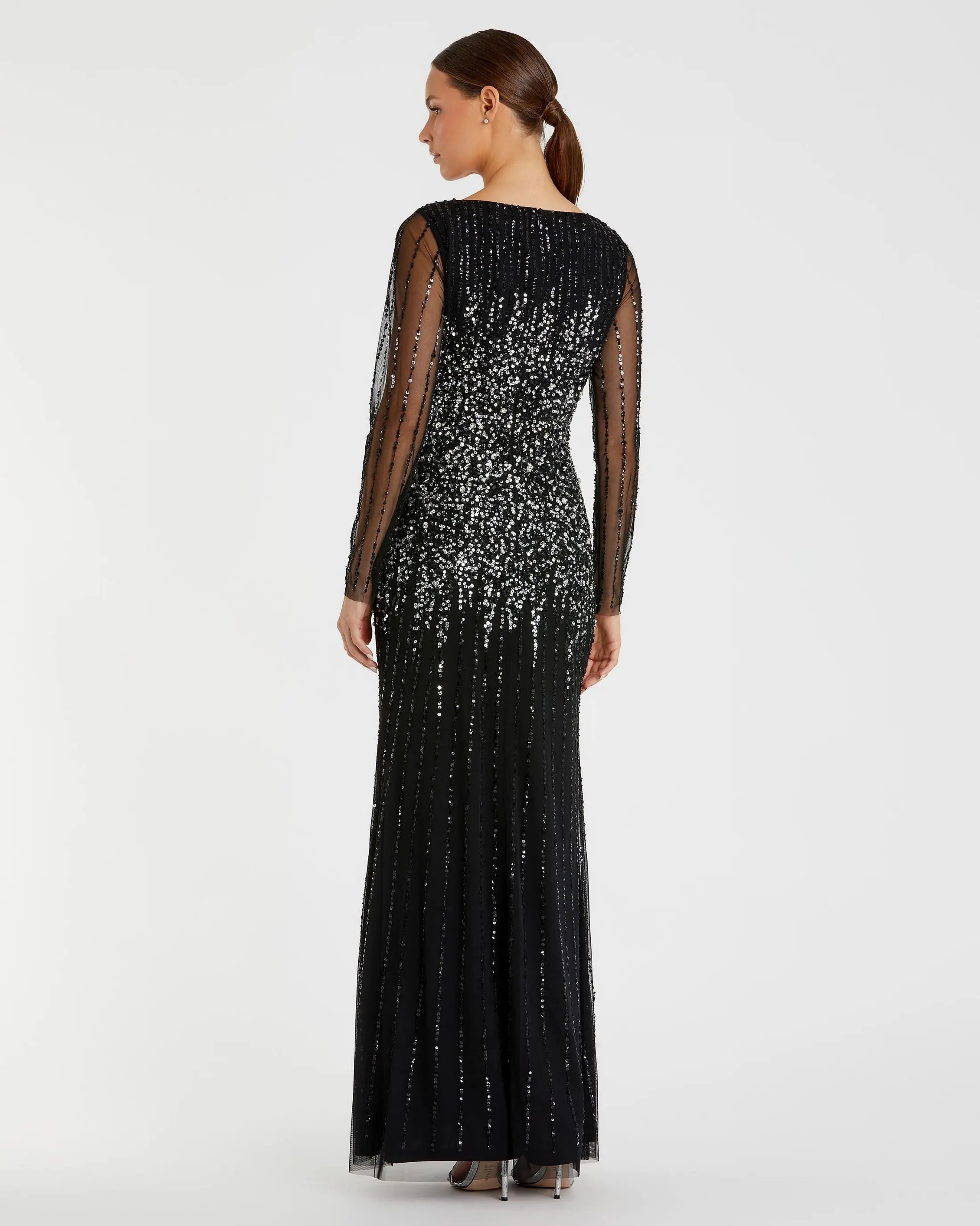 Black Boat Neck Sequin Embellished Long Sleeve A Line Gown-Myartka