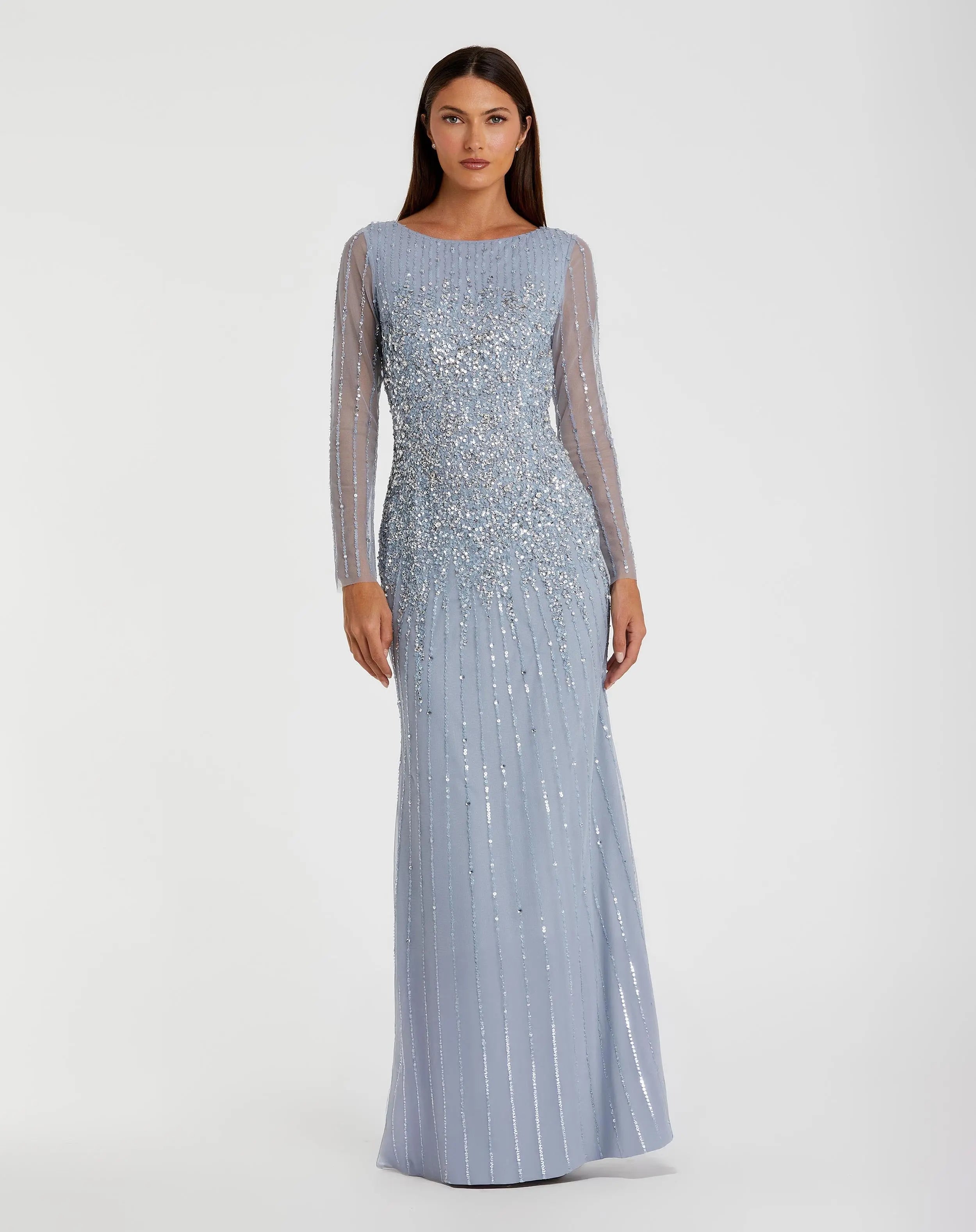 Blue Boat Neck Sequin Embellished Long Sleeve A Line Gown-Myartka