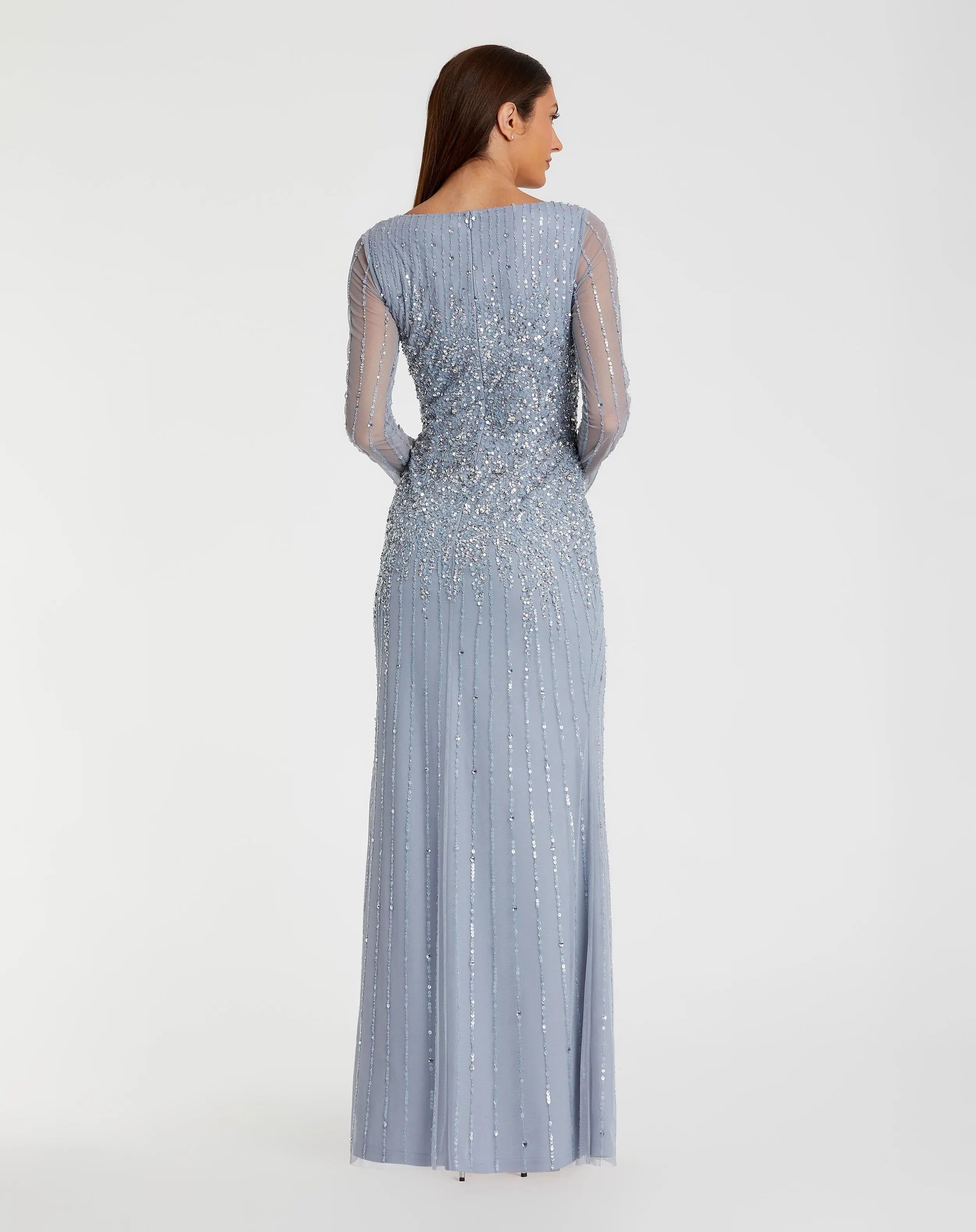 Blue Boat Neck Sequin Embellished Long Sleeve A Line Gown-Myartka