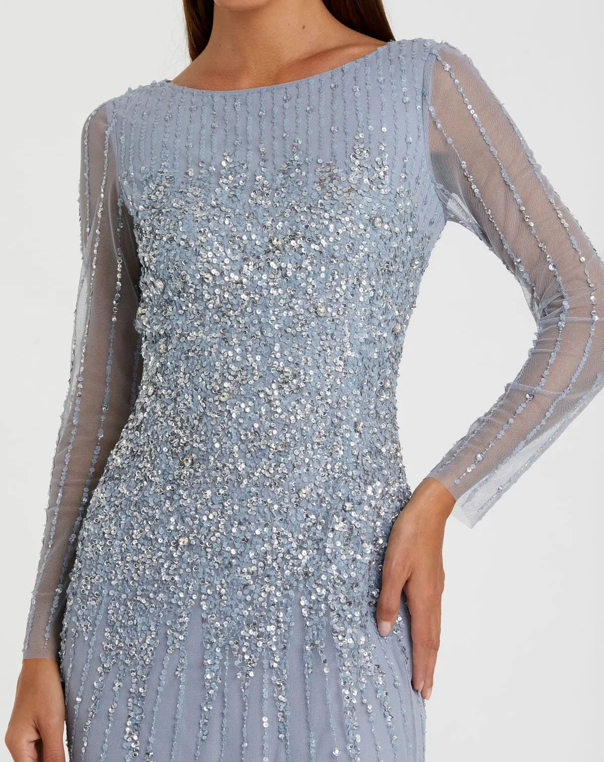 Blue Boat Neck Sequin Embellished Long Sleeve A Line Gown-Myartka