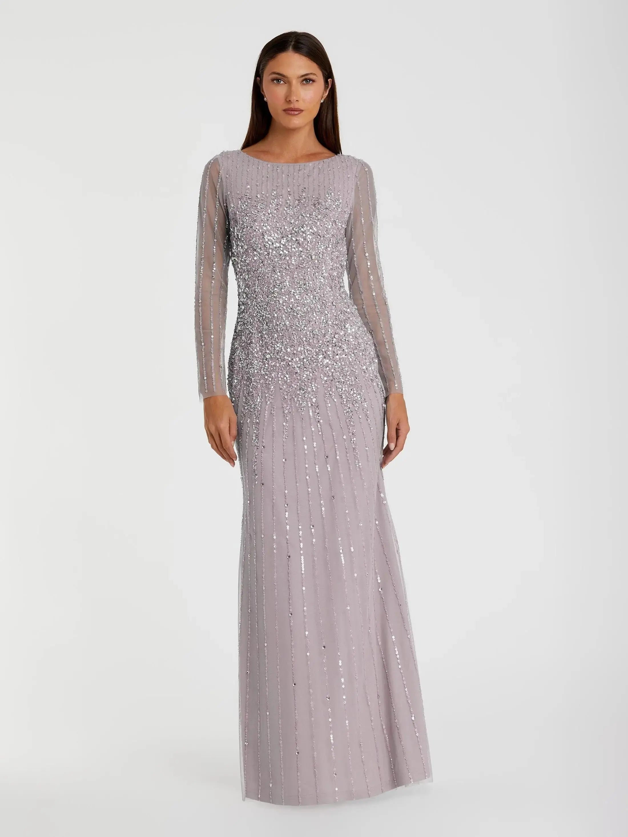 Purple Boat Neck Sequin Embellished Long Sleeve A Line Gown-Myartka