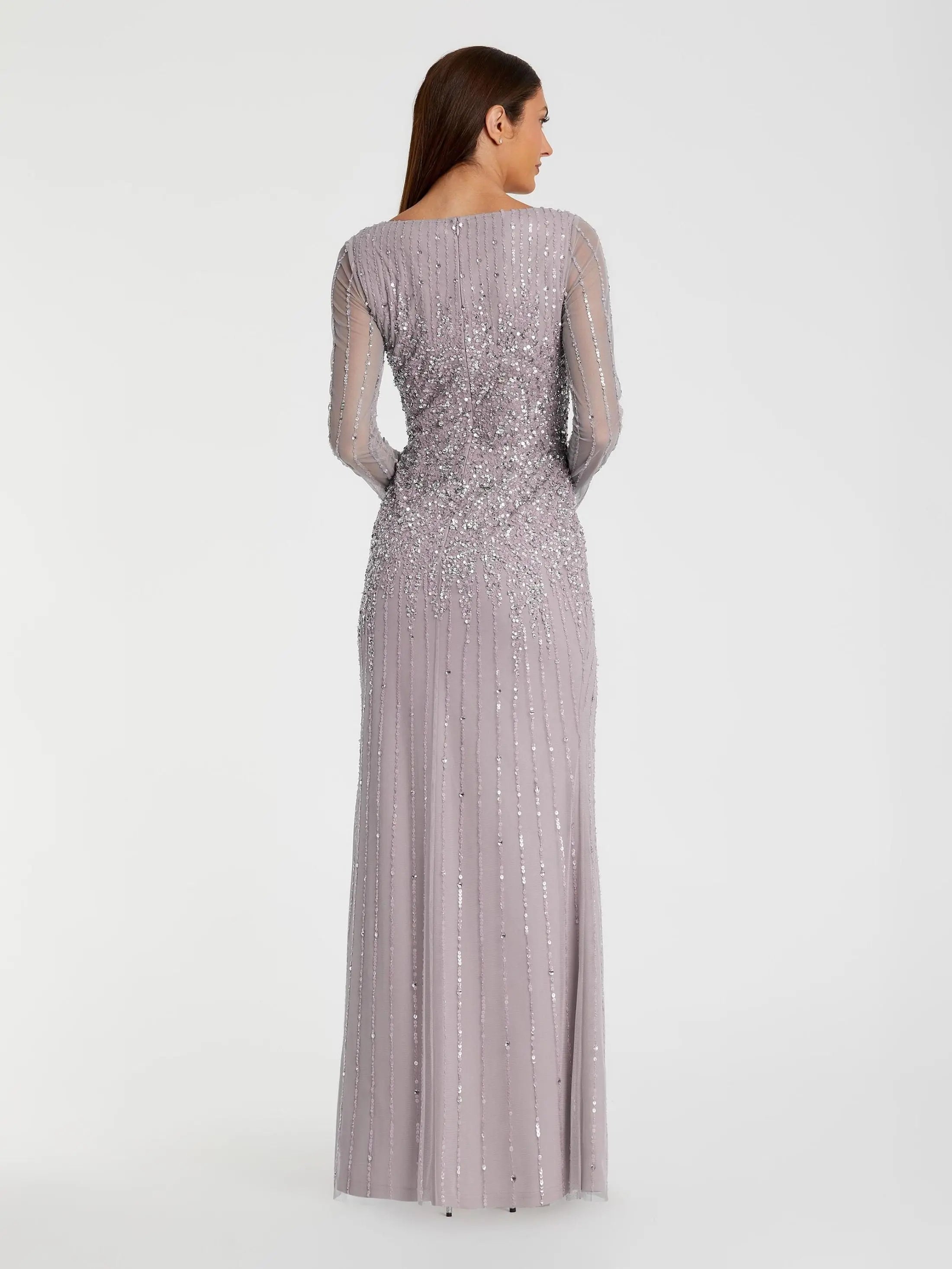 Purple Boat Neck Sequin Embellished Long Sleeve A Line Gown-Myartka