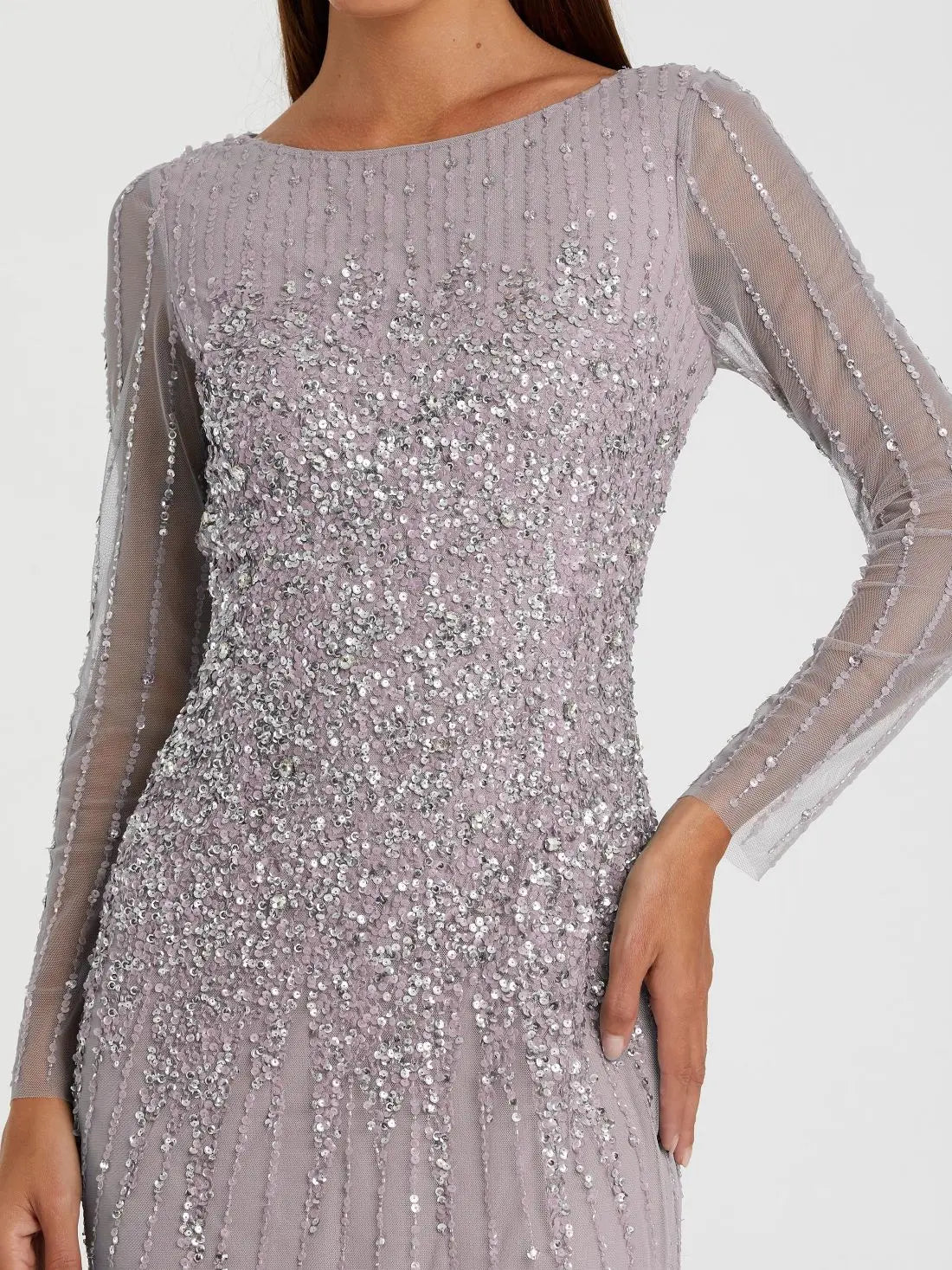 Purple Boat Neck Sequin Embellished Long Sleeve A Line Gown-Myartka