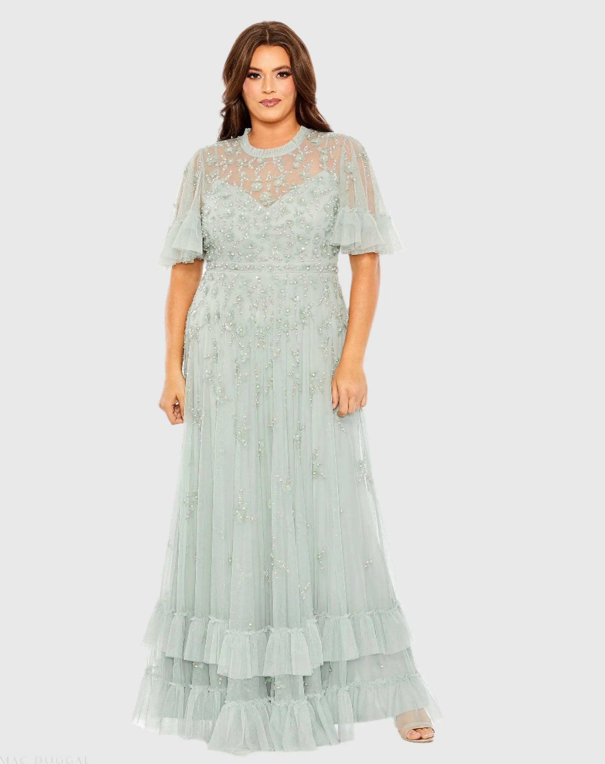 Green Embellished Flutter Sleeve Ruffle Tiered Gown-Myartka