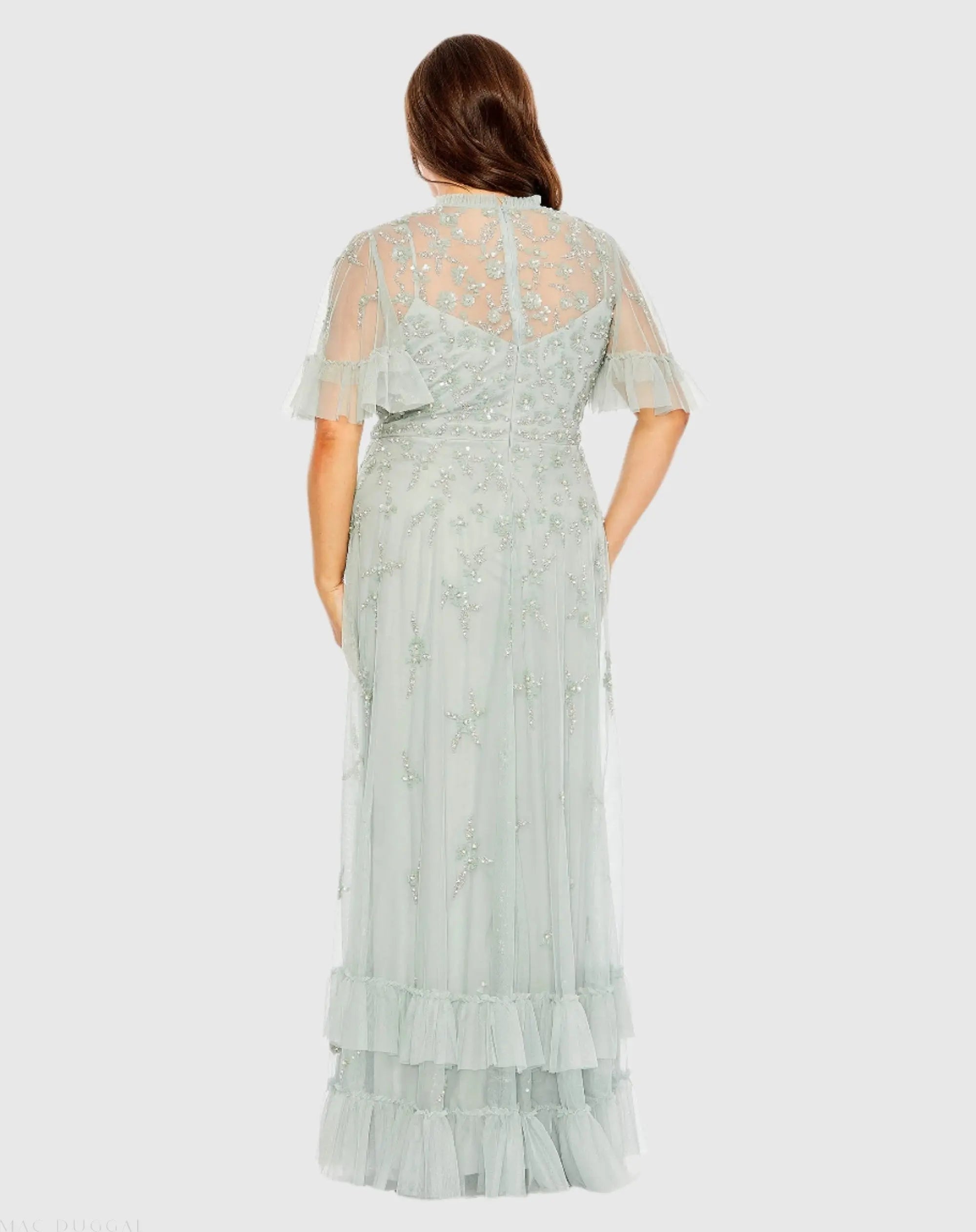 Green Embellished Flutter Sleeve Ruffle Tiered Gown-Myartka