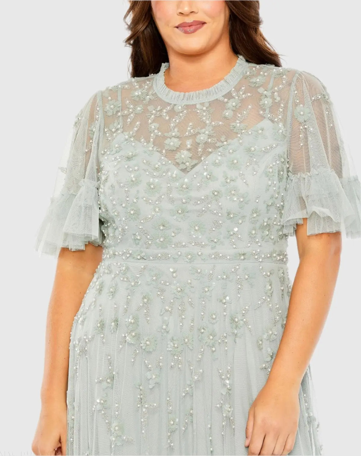 Green Embellished Flutter Sleeve Ruffle Tiered Gown-Myartka
