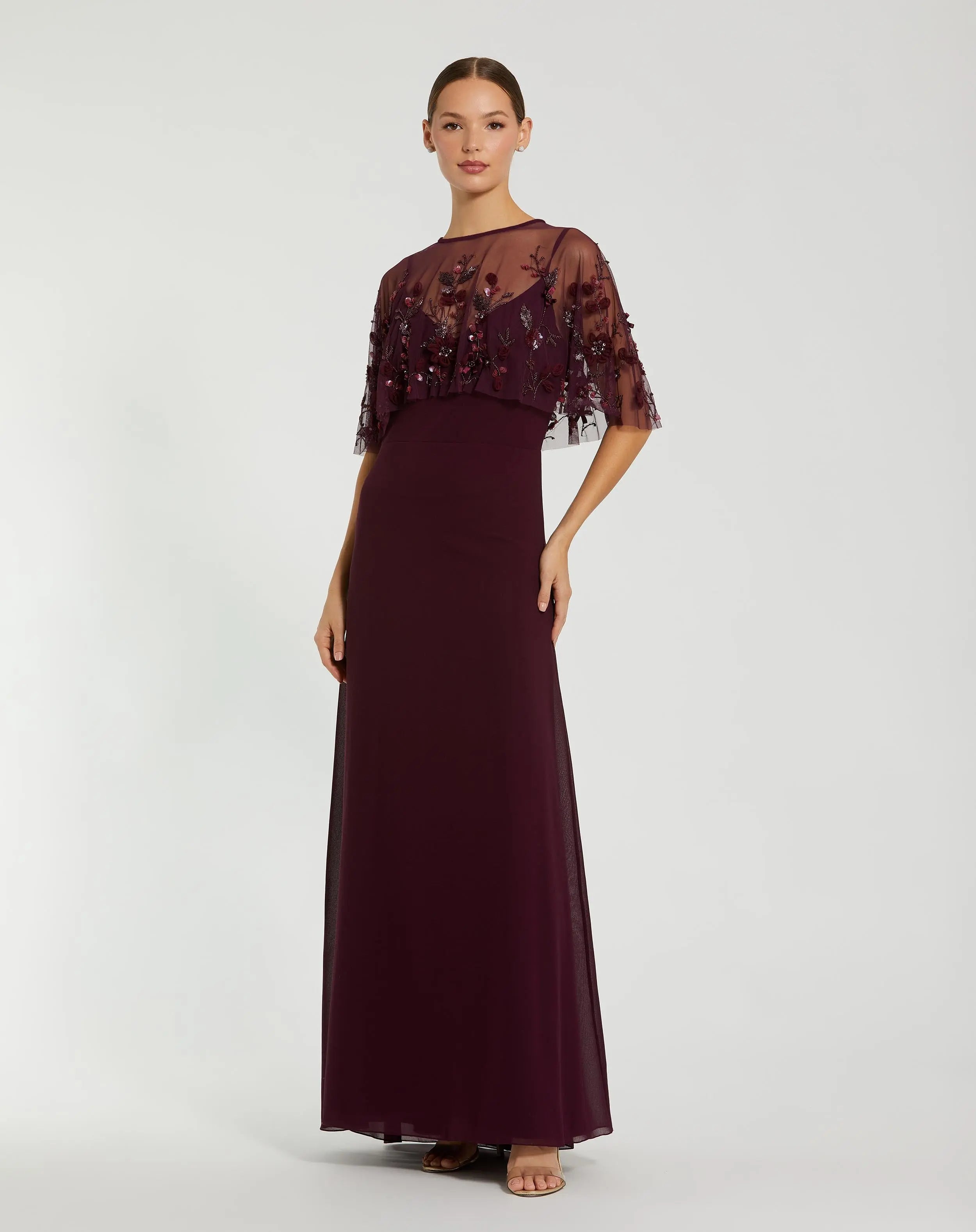 Burgundy Sleeveless Gown With Embellished Cape-Myartka
