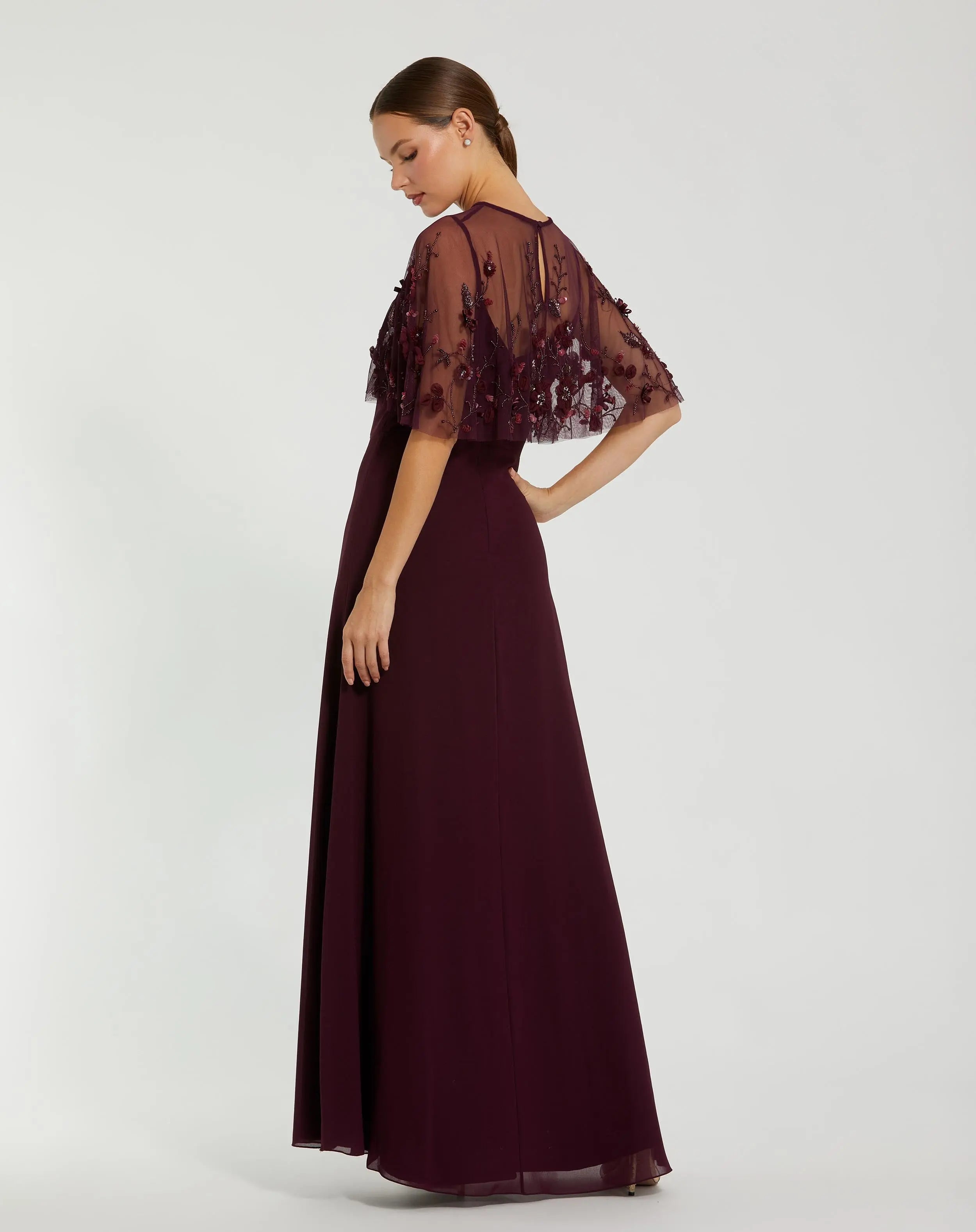 Burgundy Sleeveless Gown With Embellished Cape-Myartka