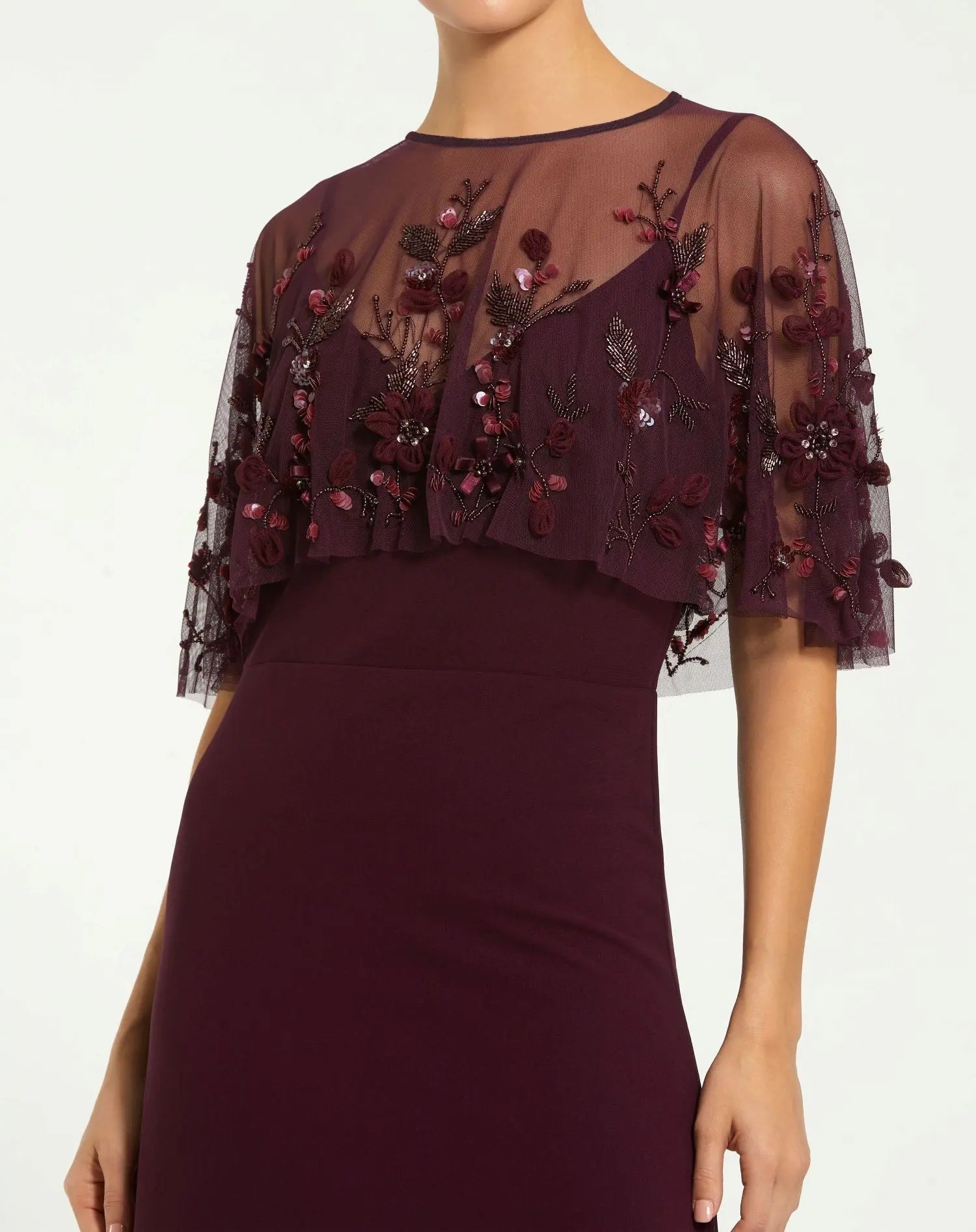 Burgundy Sleeveless Gown With Embellished Cape-Myartka