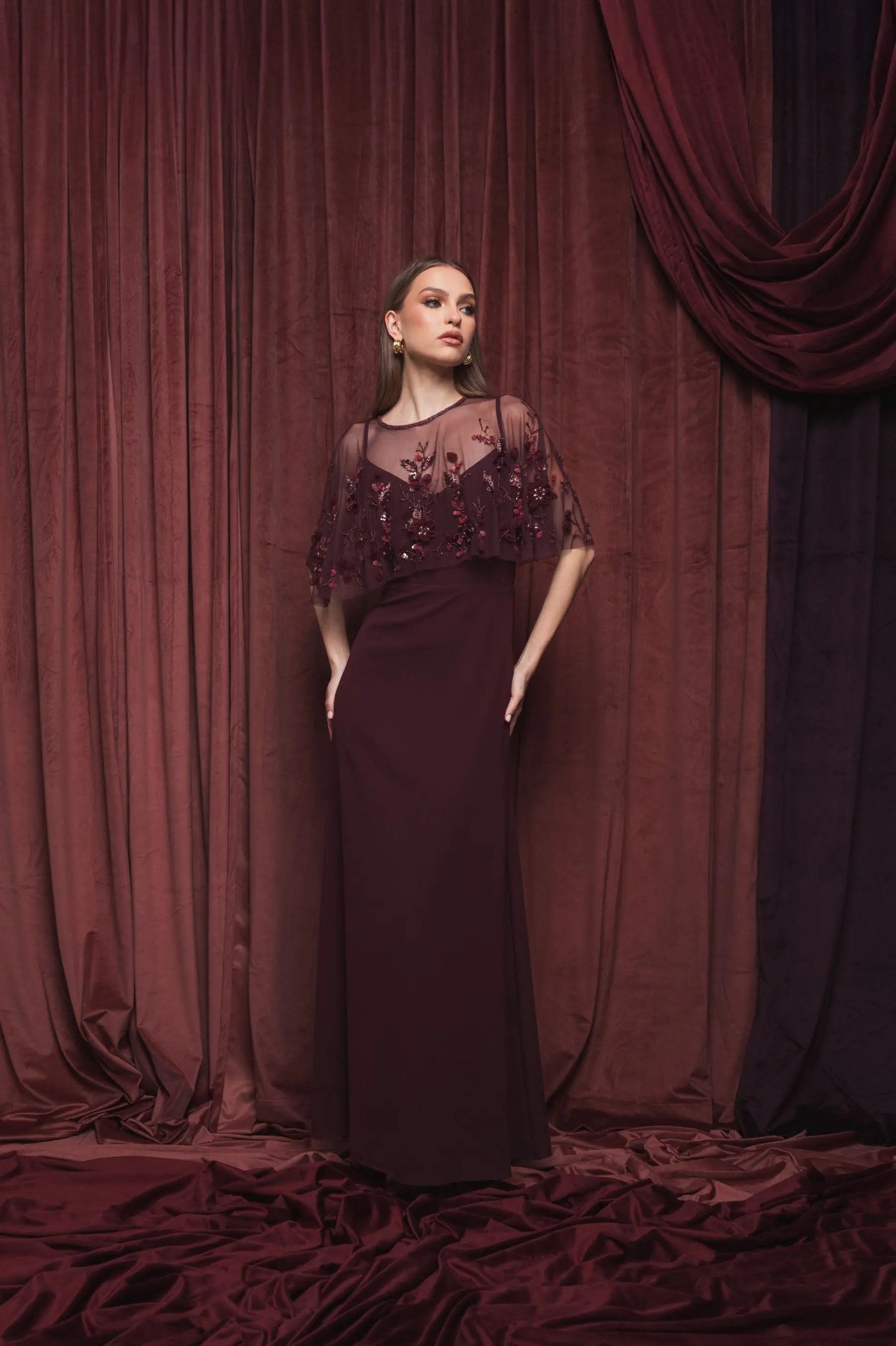 Burgundy Sleeveless Gown With Embellished Cape-Myartka