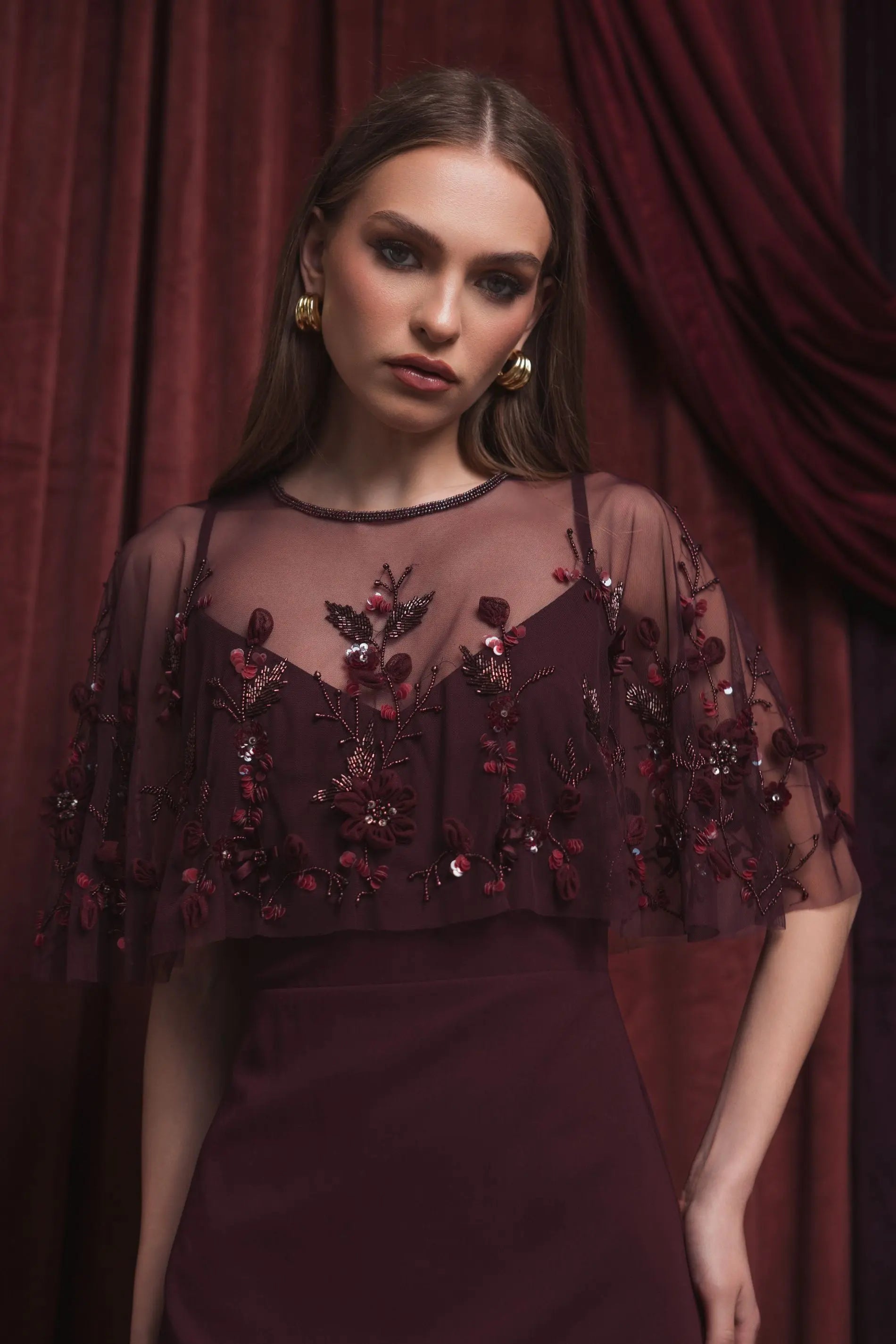 Burgundy Sleeveless Gown With Embellished Cape-Myartka