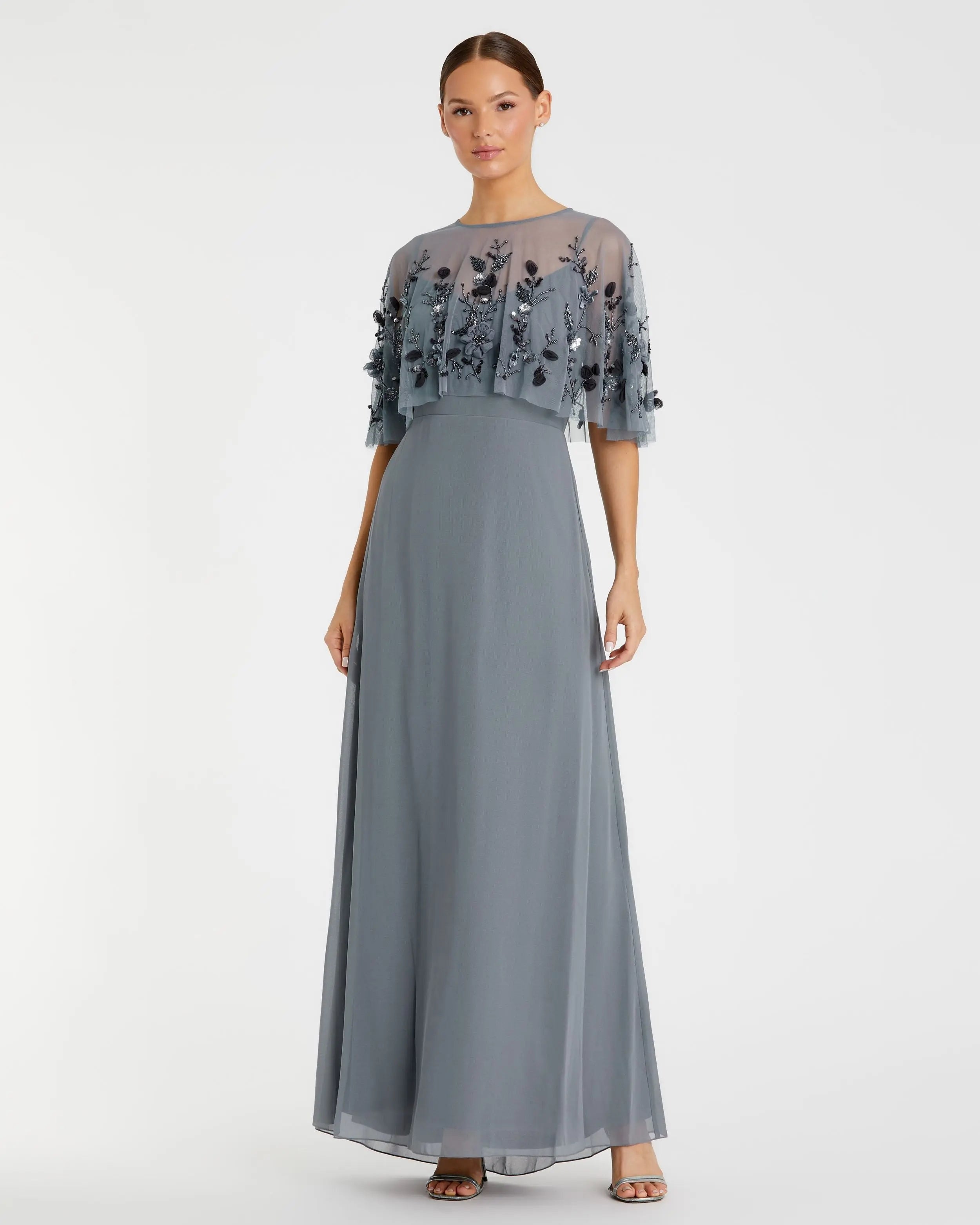 Gray Sleeveless Gown With Embellished Cape - FINAL SALE-Myartka