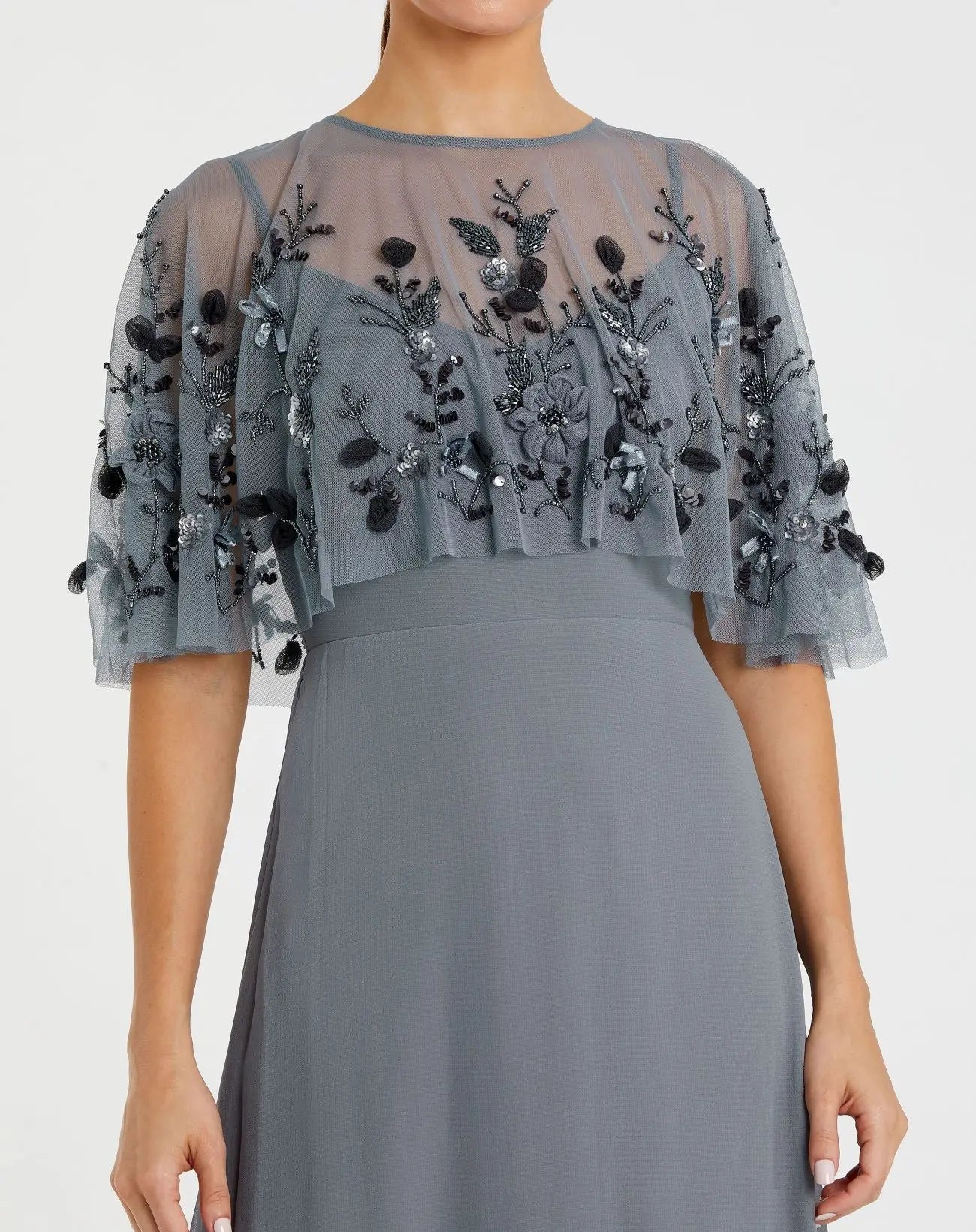 Gray Sleeveless Gown With Embellished Cape - FINAL SALE-Myartka