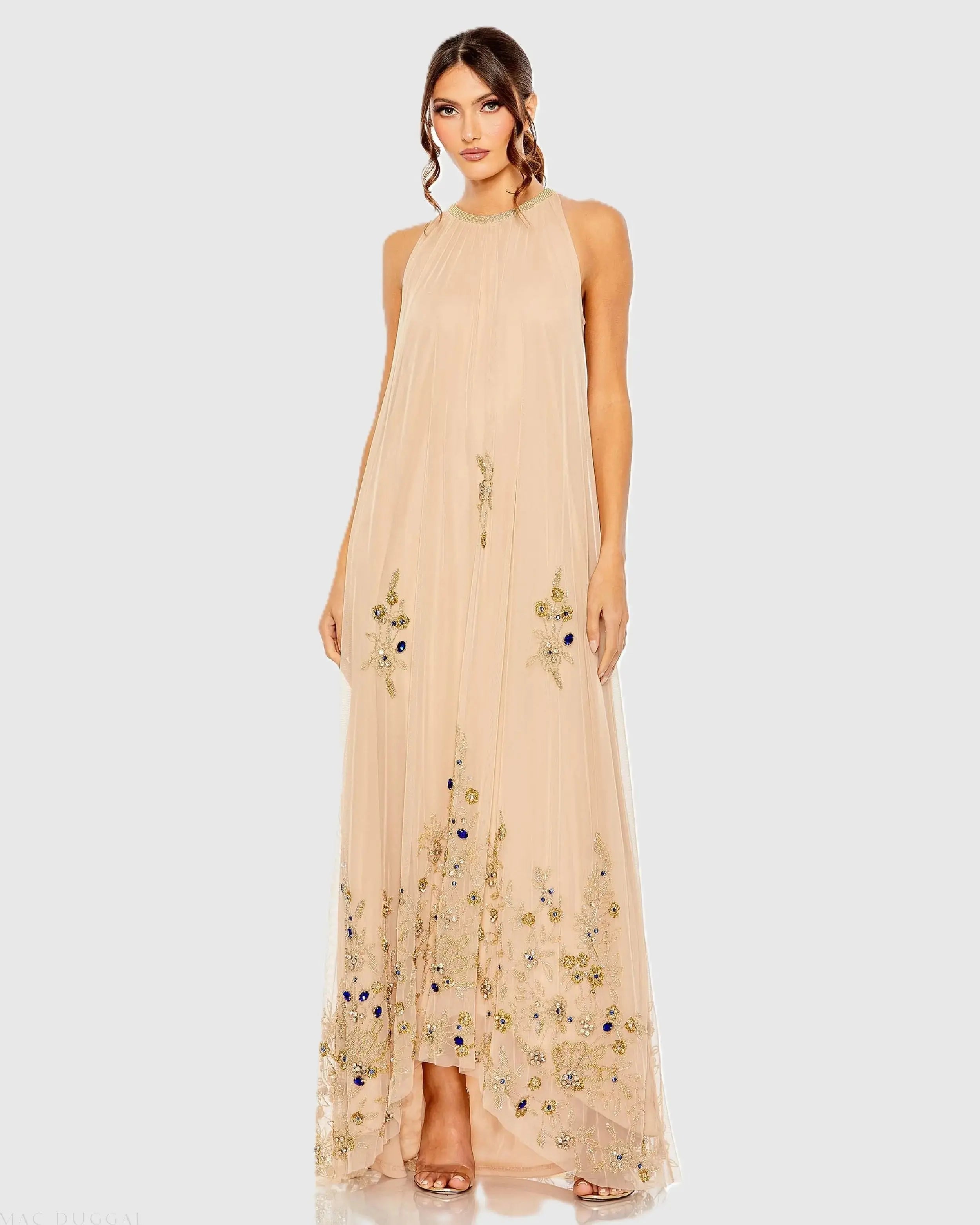 Beige High Neck Floral Embellished Trapeze Gown-Myartka