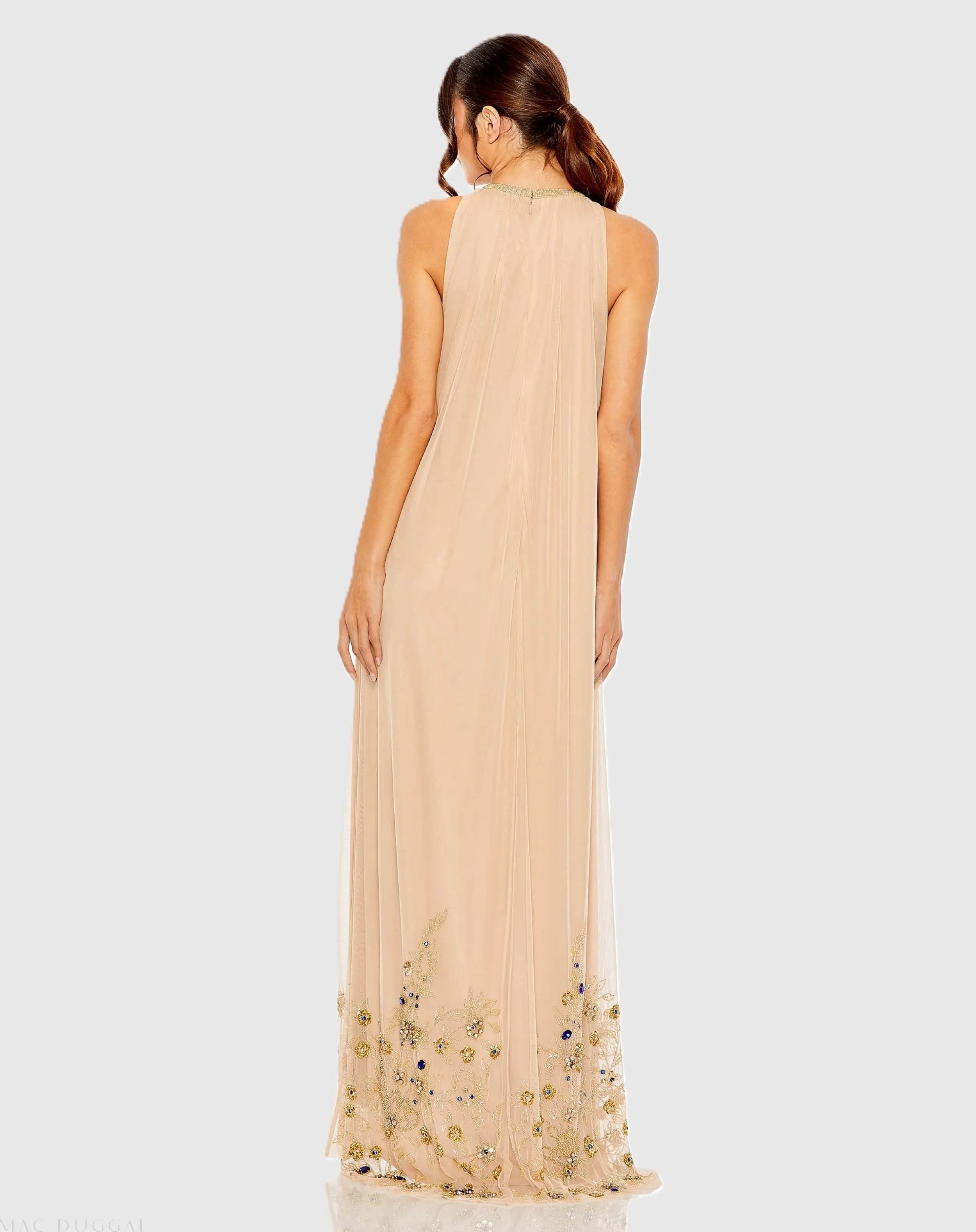 Beige High Neck Floral Embellished Trapeze Gown-Myartka