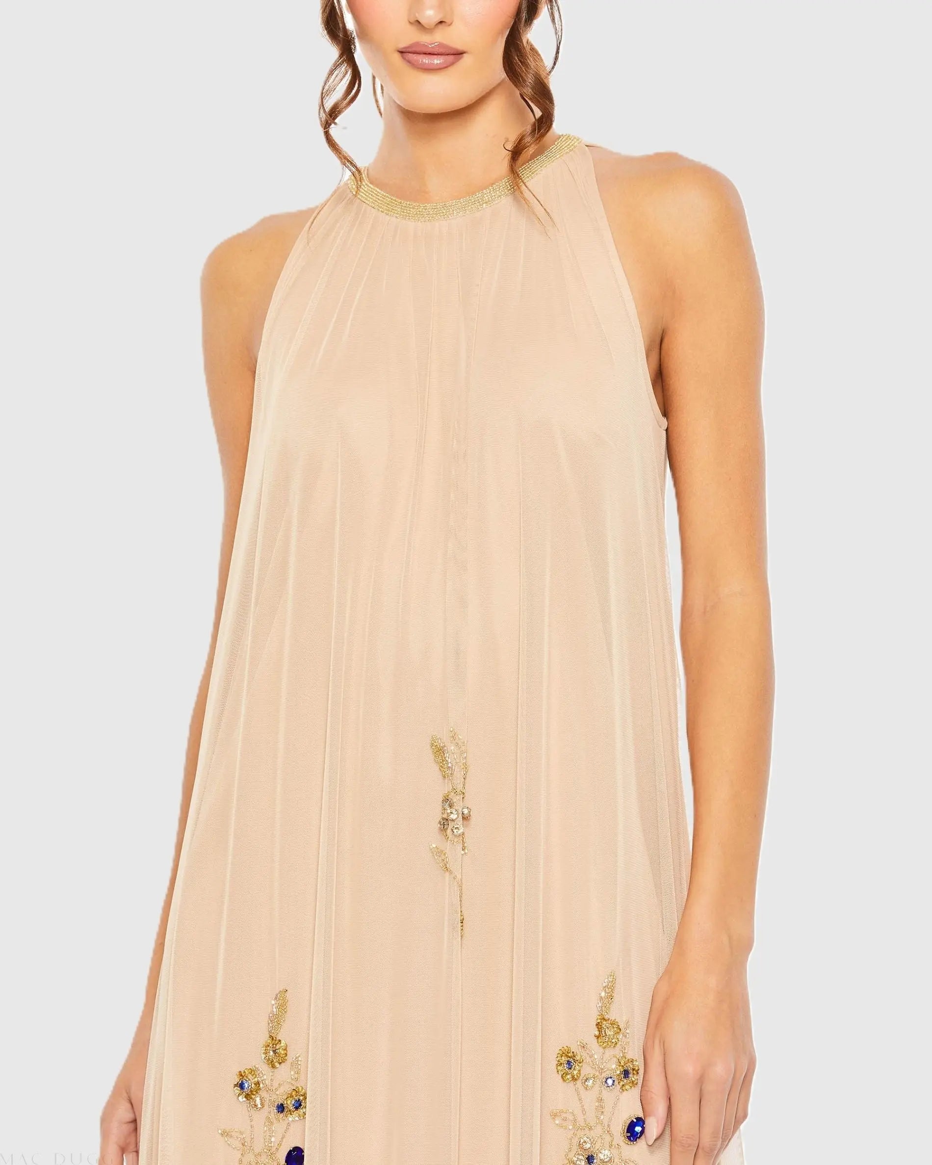 Beige High Neck Floral Embellished Trapeze Gown-Myartka