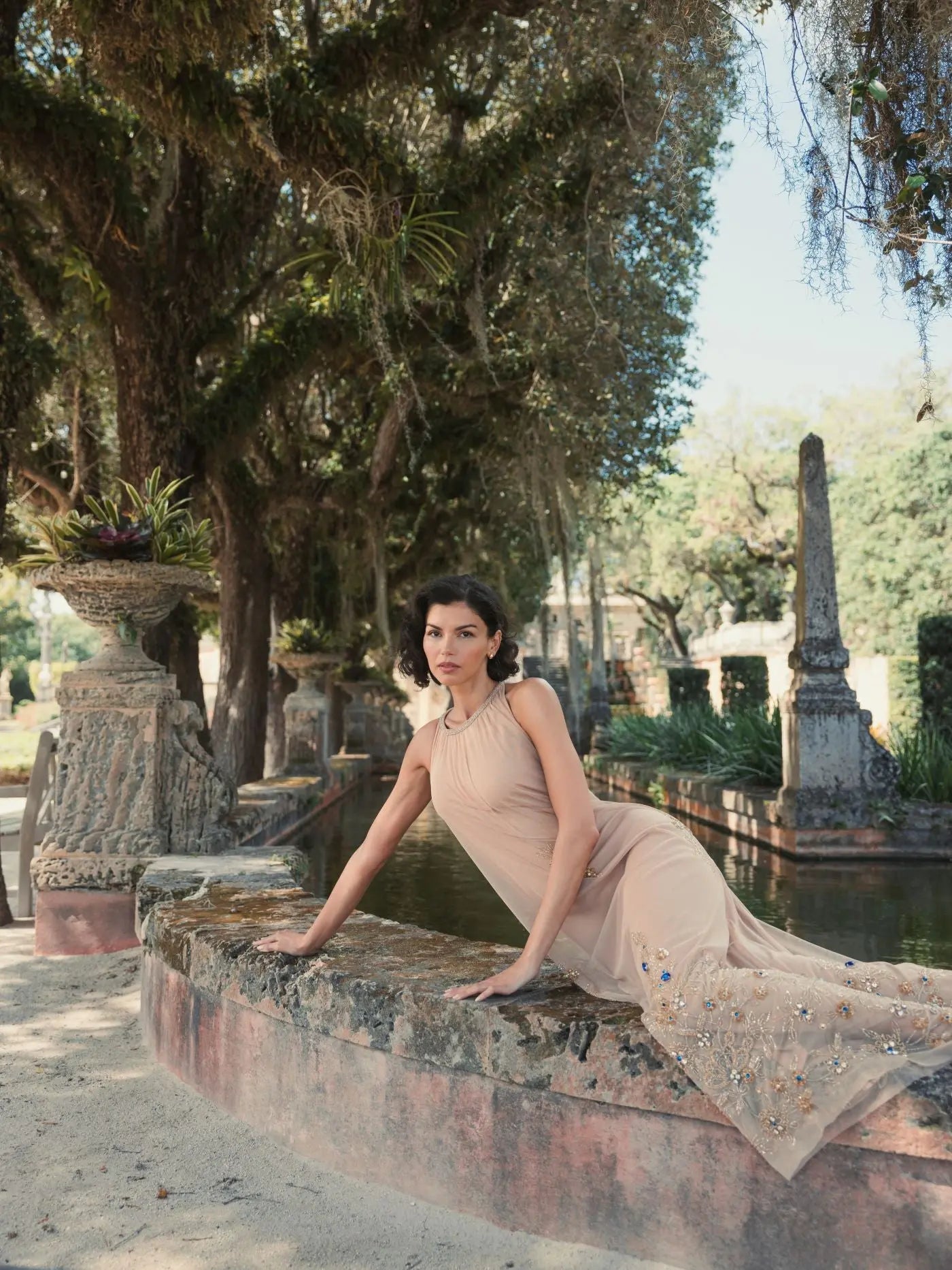 Beige High Neck Floral Embellished Trapeze Gown-Myartka