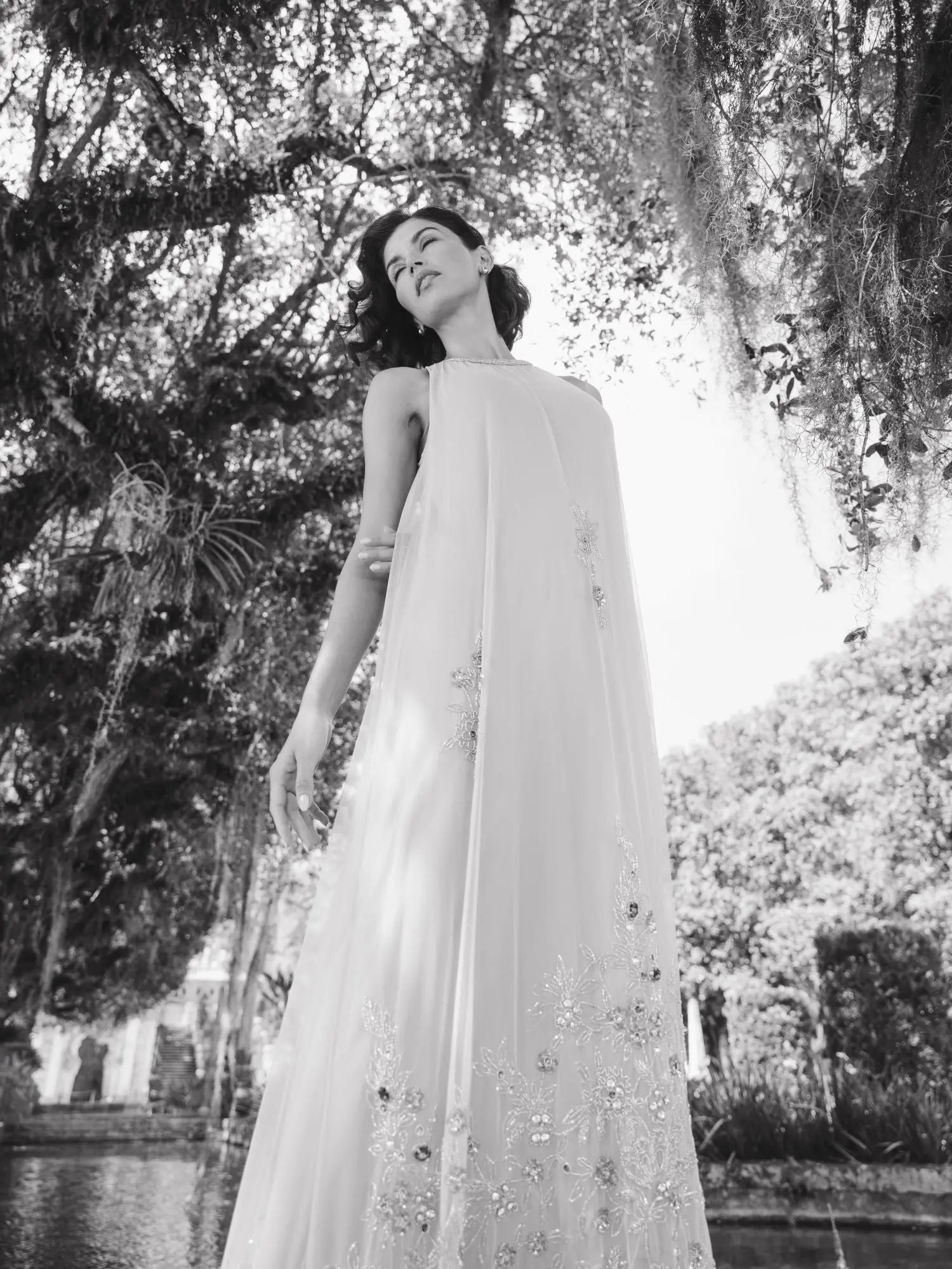 Beige High Neck Floral Embellished Trapeze Gown-Myartka