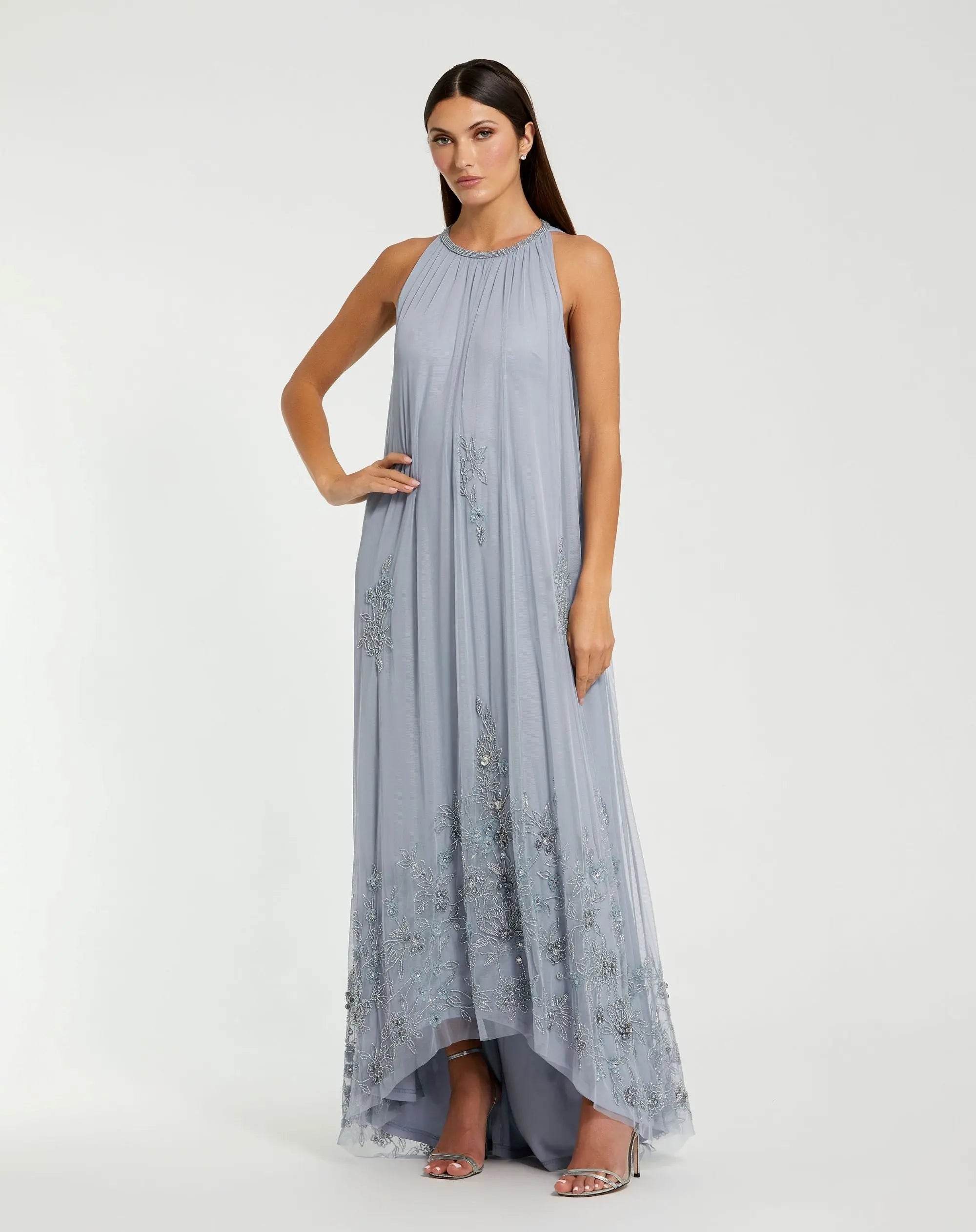 Blue High Neck Floral Embellished Trapeze Gown-Myartka