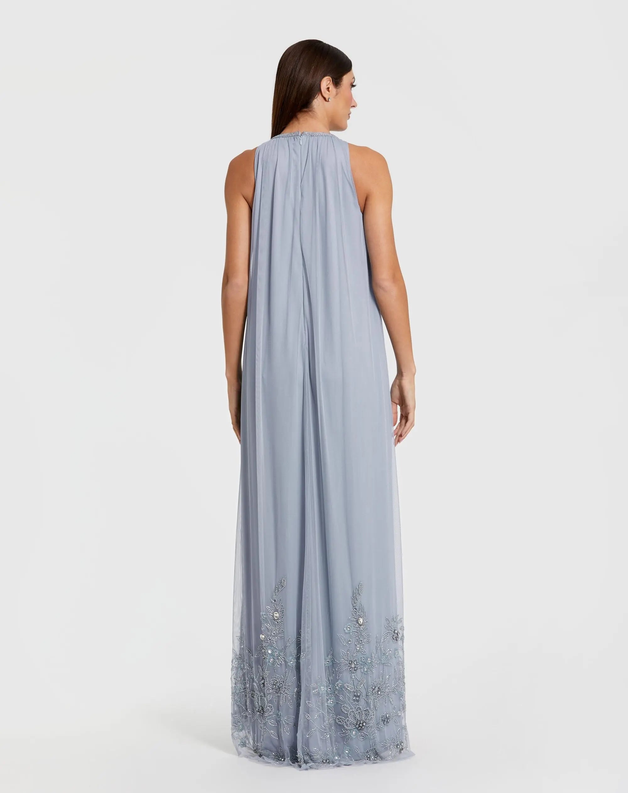 Blue High Neck Floral Embellished Trapeze Gown-Myartka