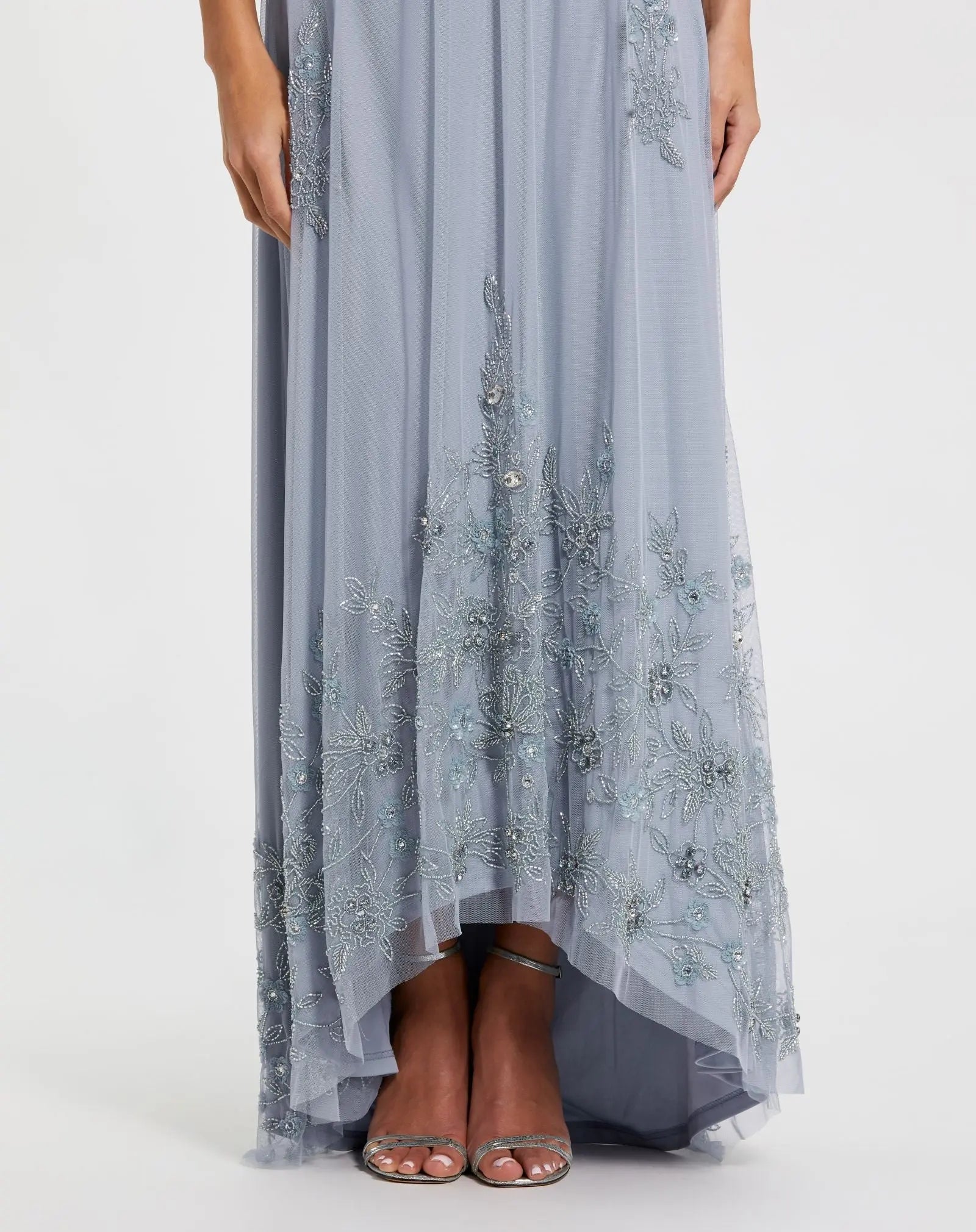 Blue High Neck Floral Embellished Trapeze Gown-Myartka
