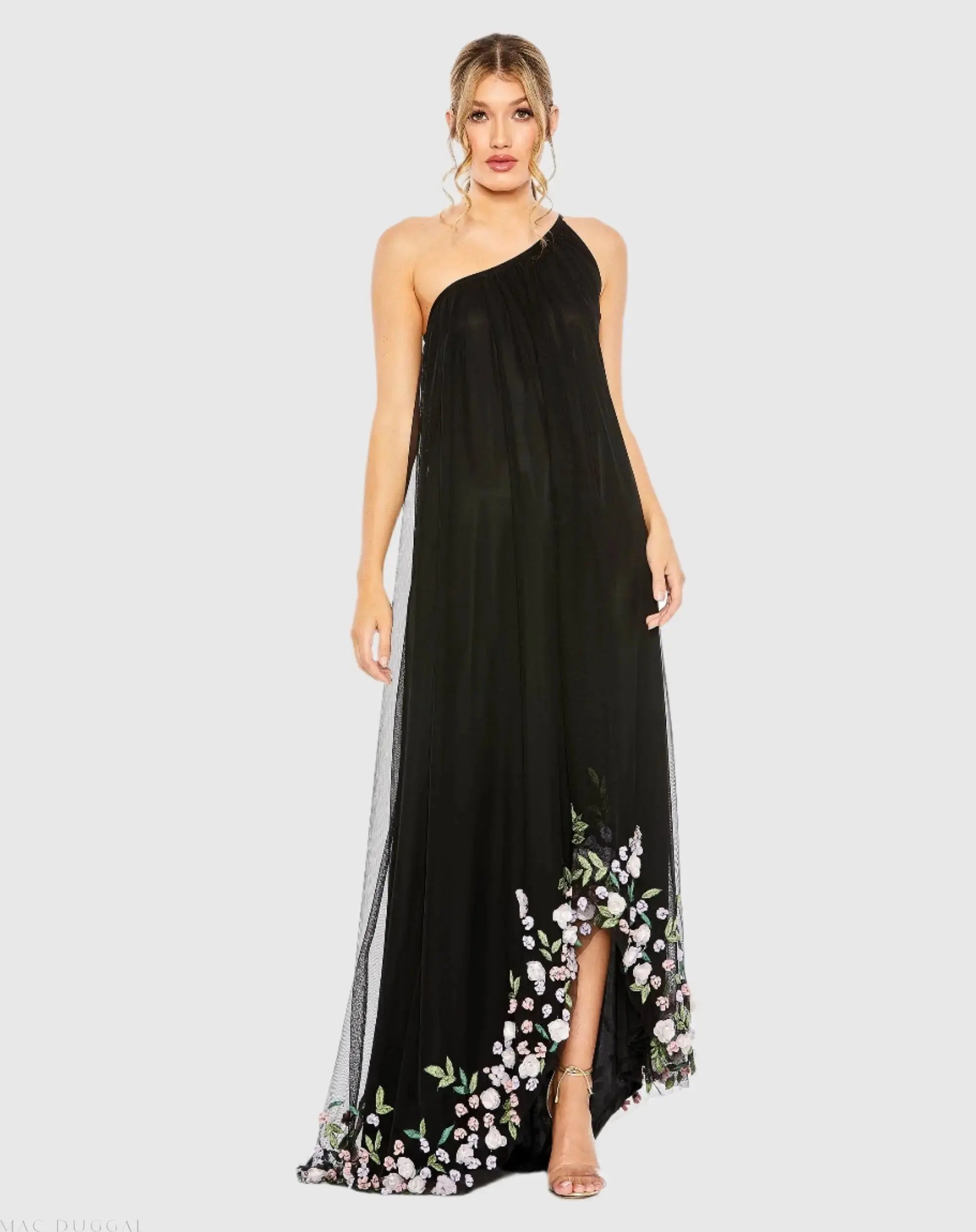 Black One Shoulder Trapeze Embellished High Low Gown-Myartka