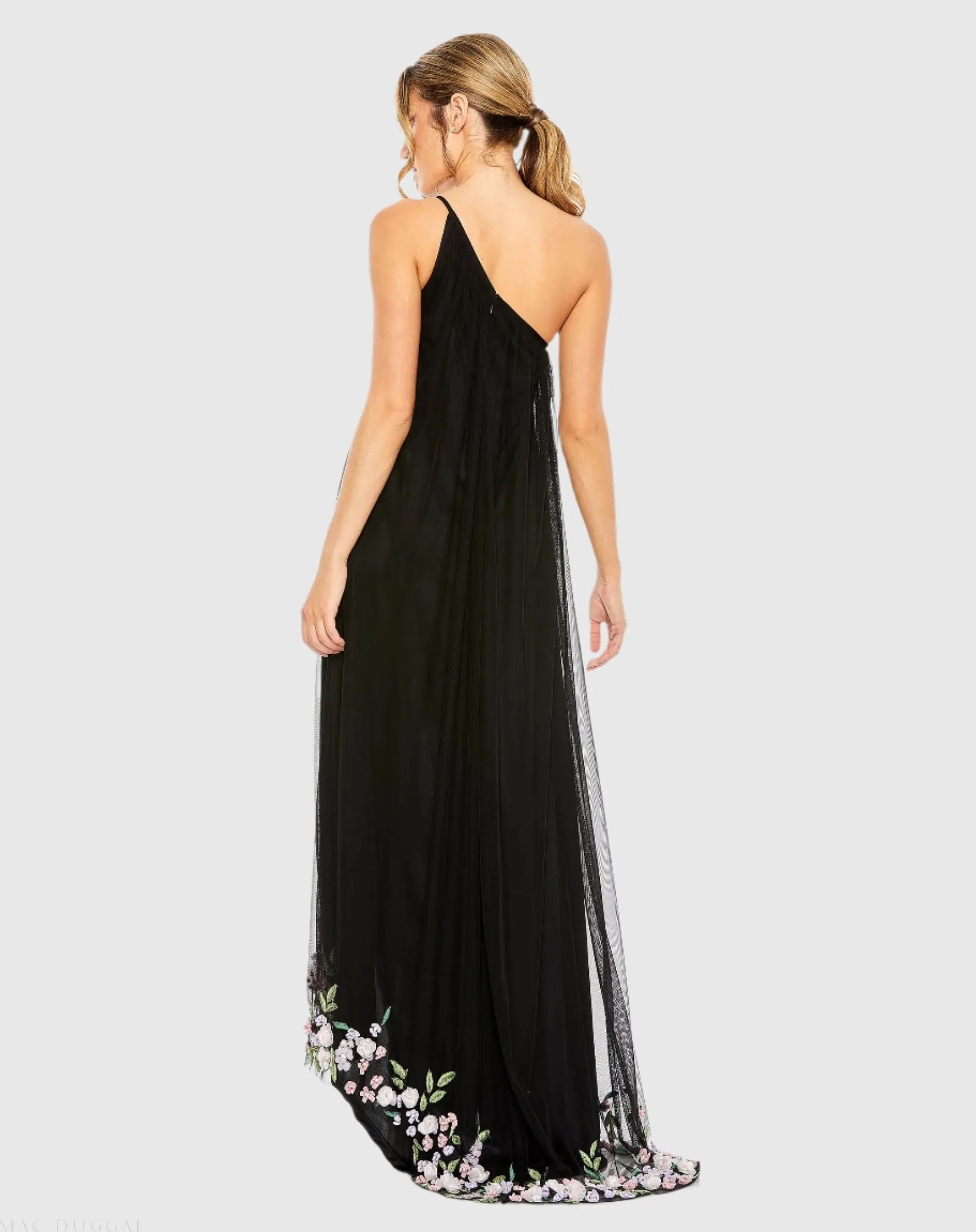 Black One Shoulder Trapeze Embellished High Low Gown-Myartka