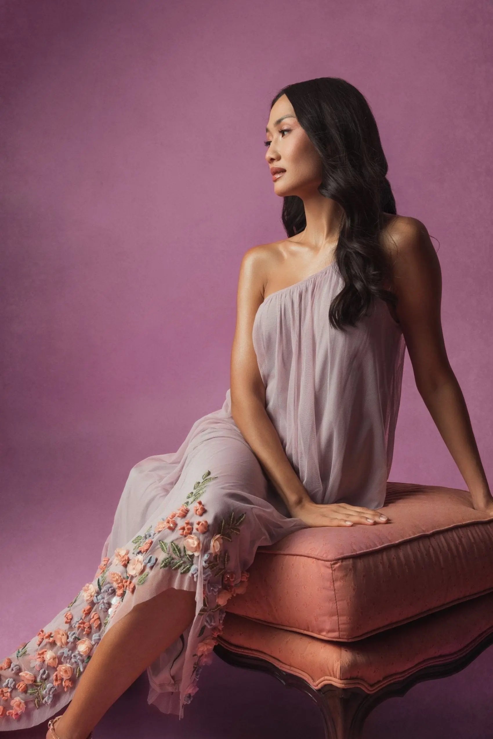 Purple One Shoulder Embellished Trapeze Gown-Myartka