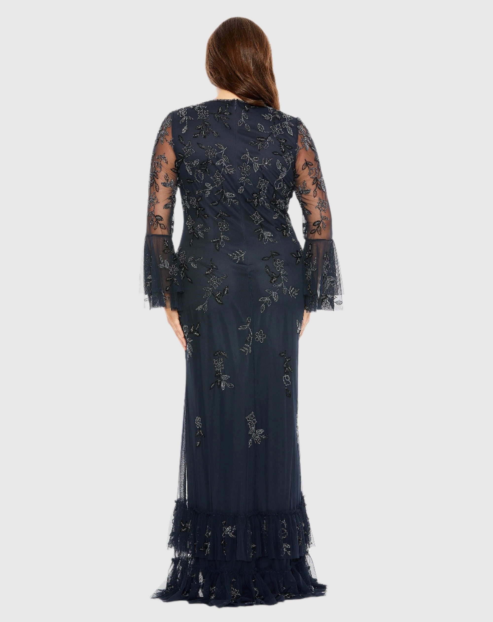 Navy V-neck Embellished Long Sleeve Gown - FINAL SALE-Myartka