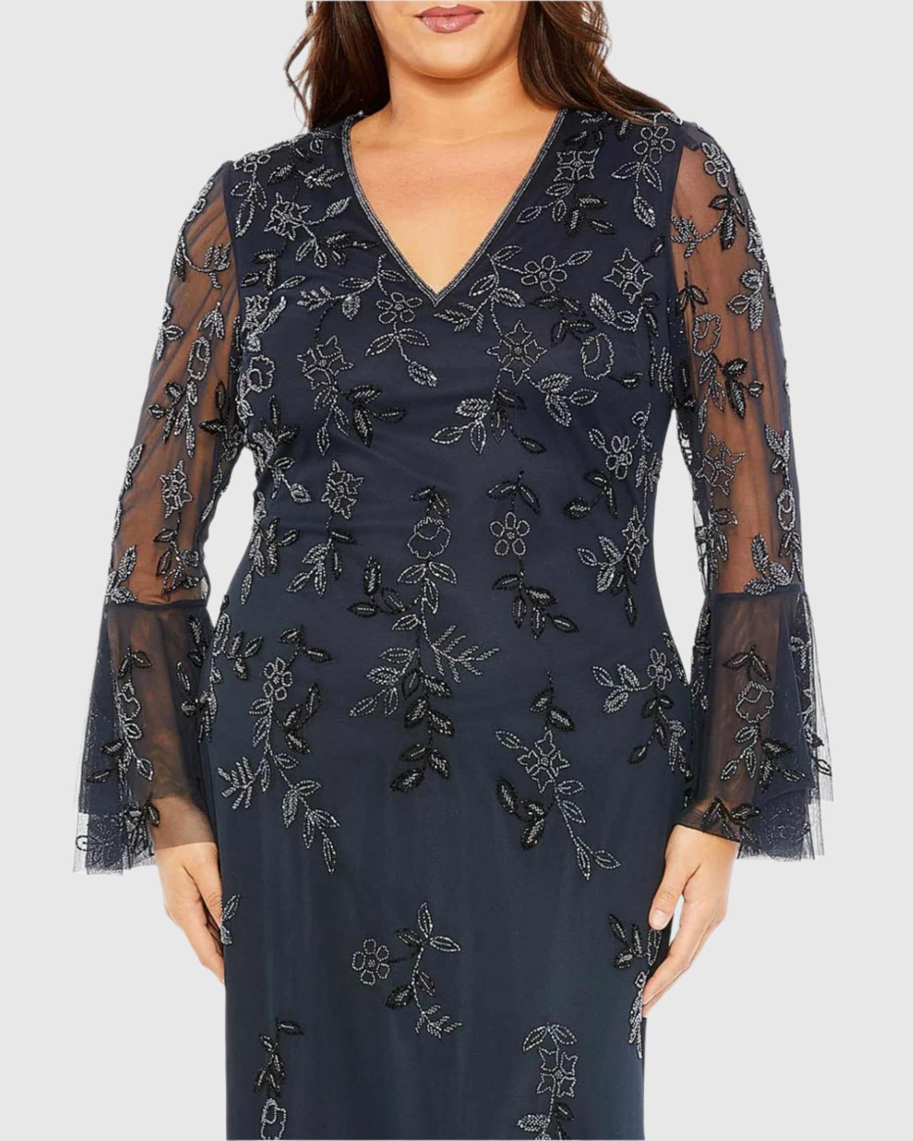 Navy V-neck Embellished Long Sleeve Gown - FINAL SALE-Myartka