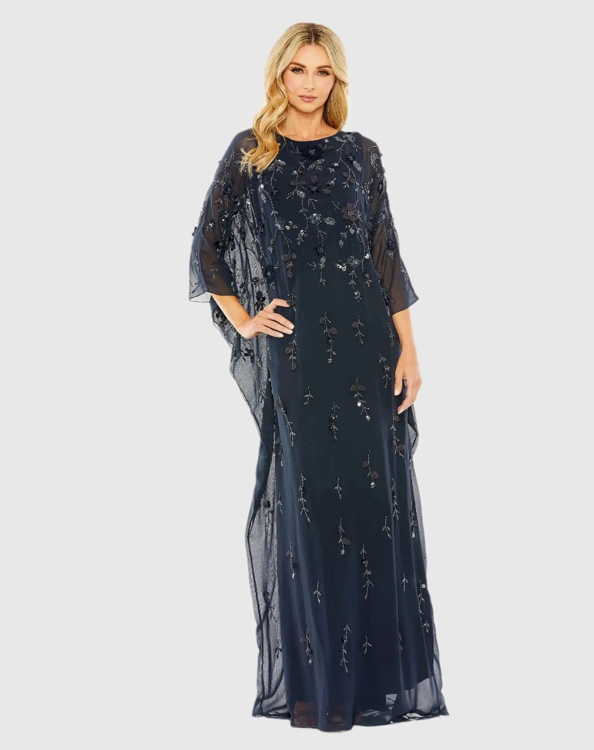 Navy Floral Embellished Kaftan Gown-Myartka